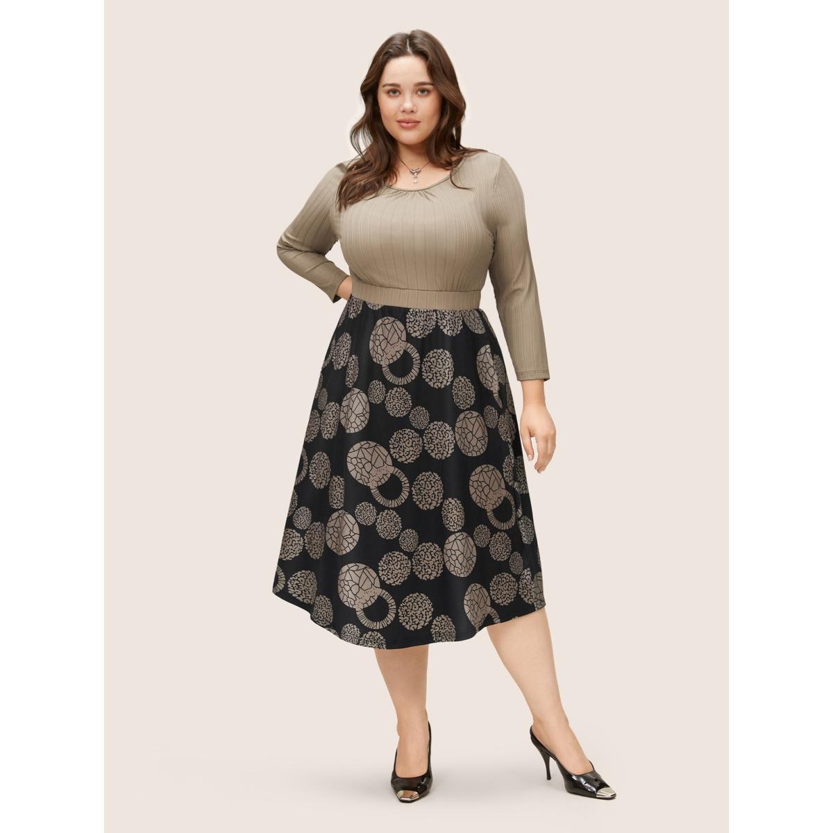 Plus Size Leopard Geometric Print Pocket Patchwork Dress Tan Women At the Office Non Round Neck Elbow-length sleeve Curvy Midi Dress BloomChic 14-16/1X Product Image