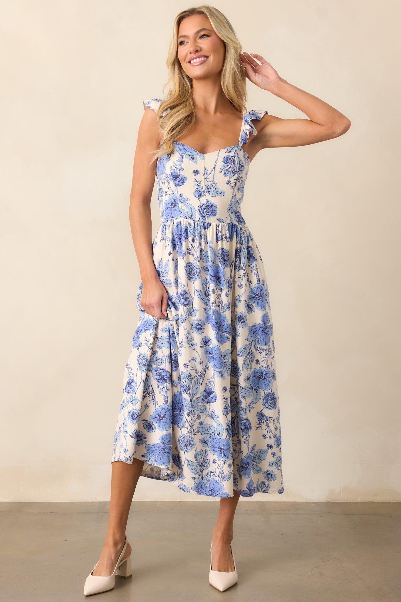 Blossoms Of Belief Ivory & Blue Floral Midi Dress Product Image