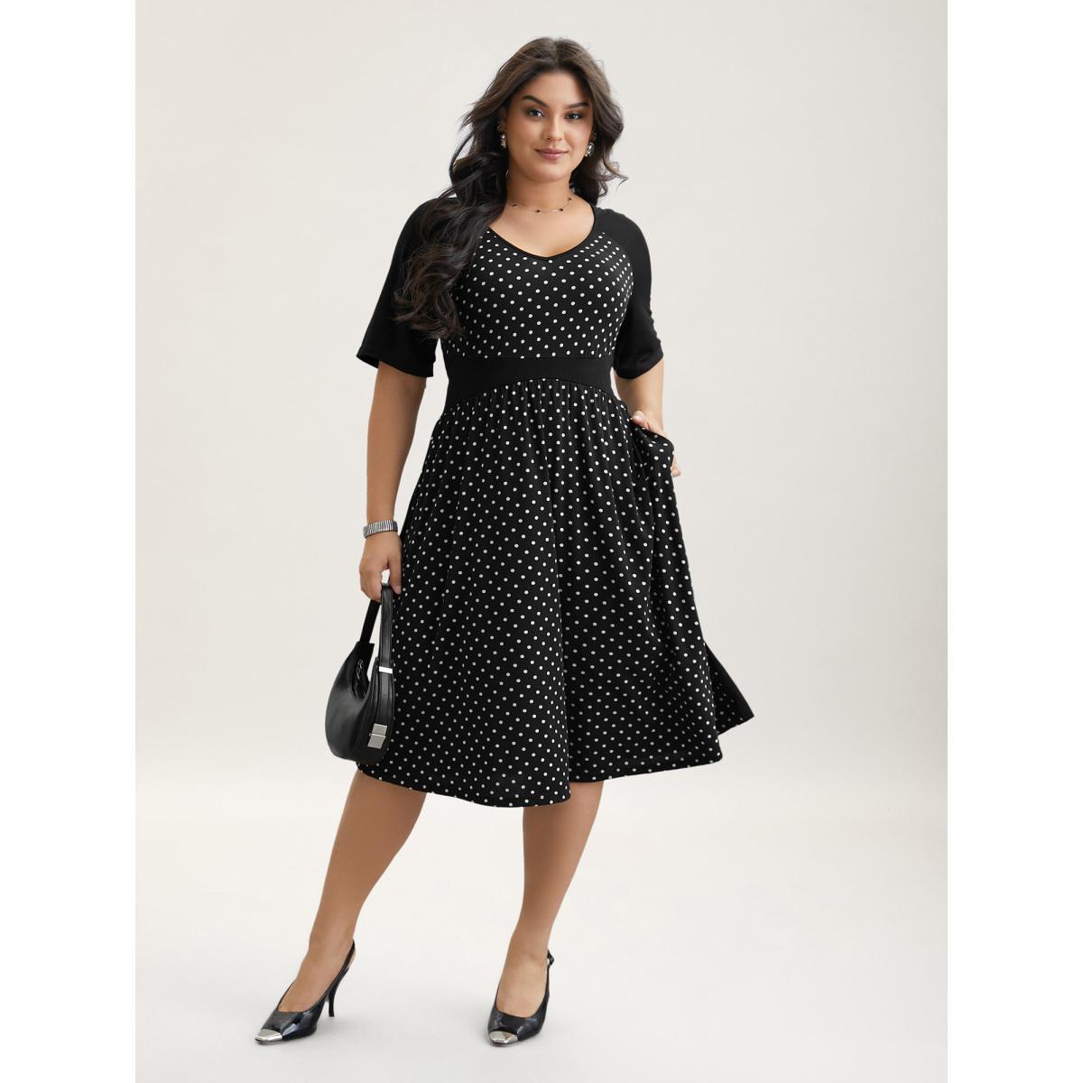 Plus Size Supersoft Polka Dot Waist-Cinched Midi Dress BlackFlower Women At the Office Patchwork Knit Dresses Bloomchic 14-16/1X Product Image