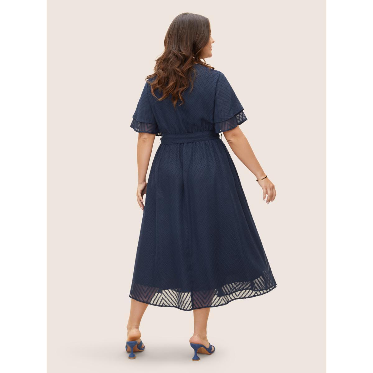 Plus Size Texture Tiered Ruffle Sleeve See Through Dress Navy Women Elegant Texture V-neck Half Sleeve Curvy BloomChic 18-20/2X Product Image