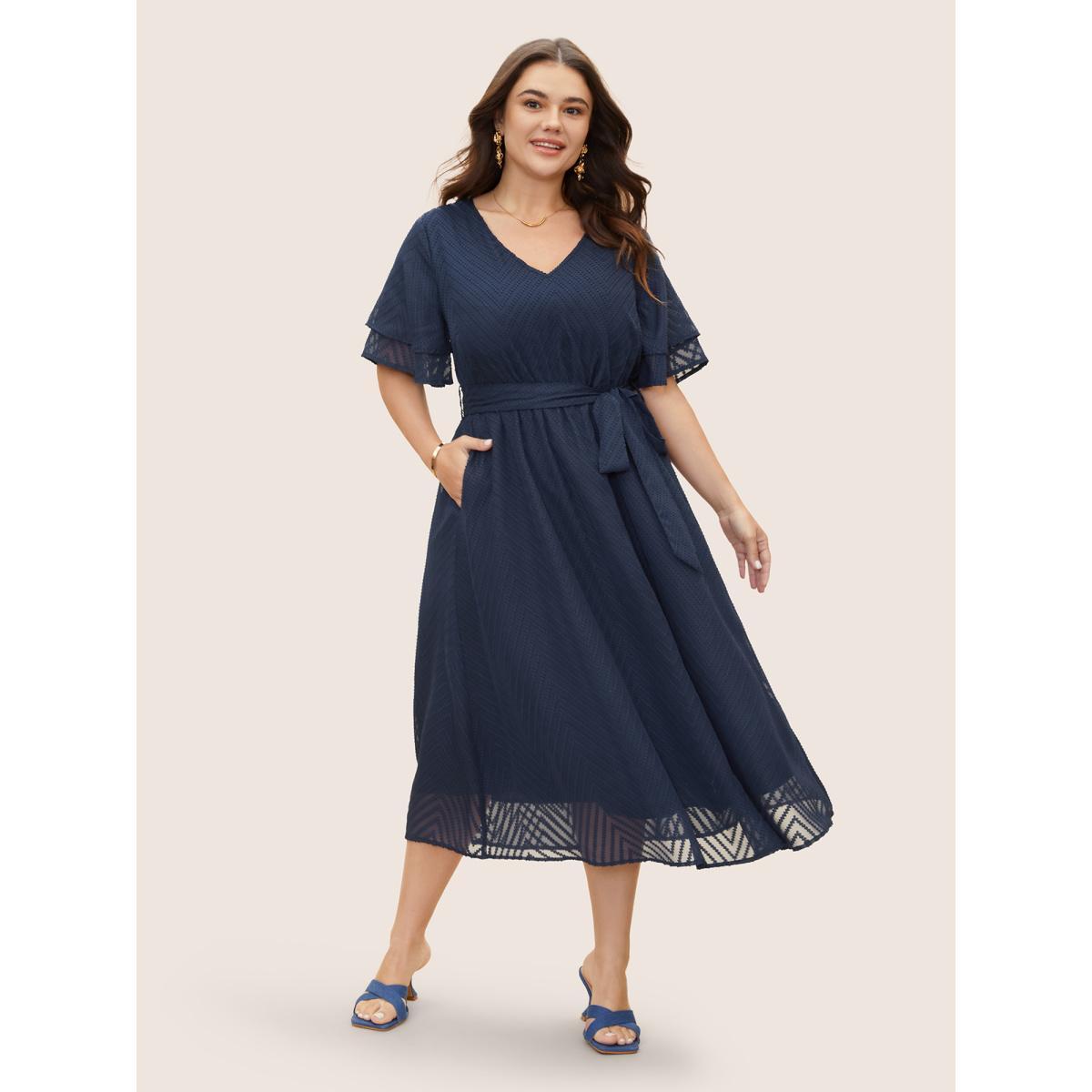 Plus Size Texture Tiered Ruffle Sleeve See Through Dress Navy Women Elegant Texture V-neck Half Sleeve Curvy BloomChic 18-20/2X Product Image