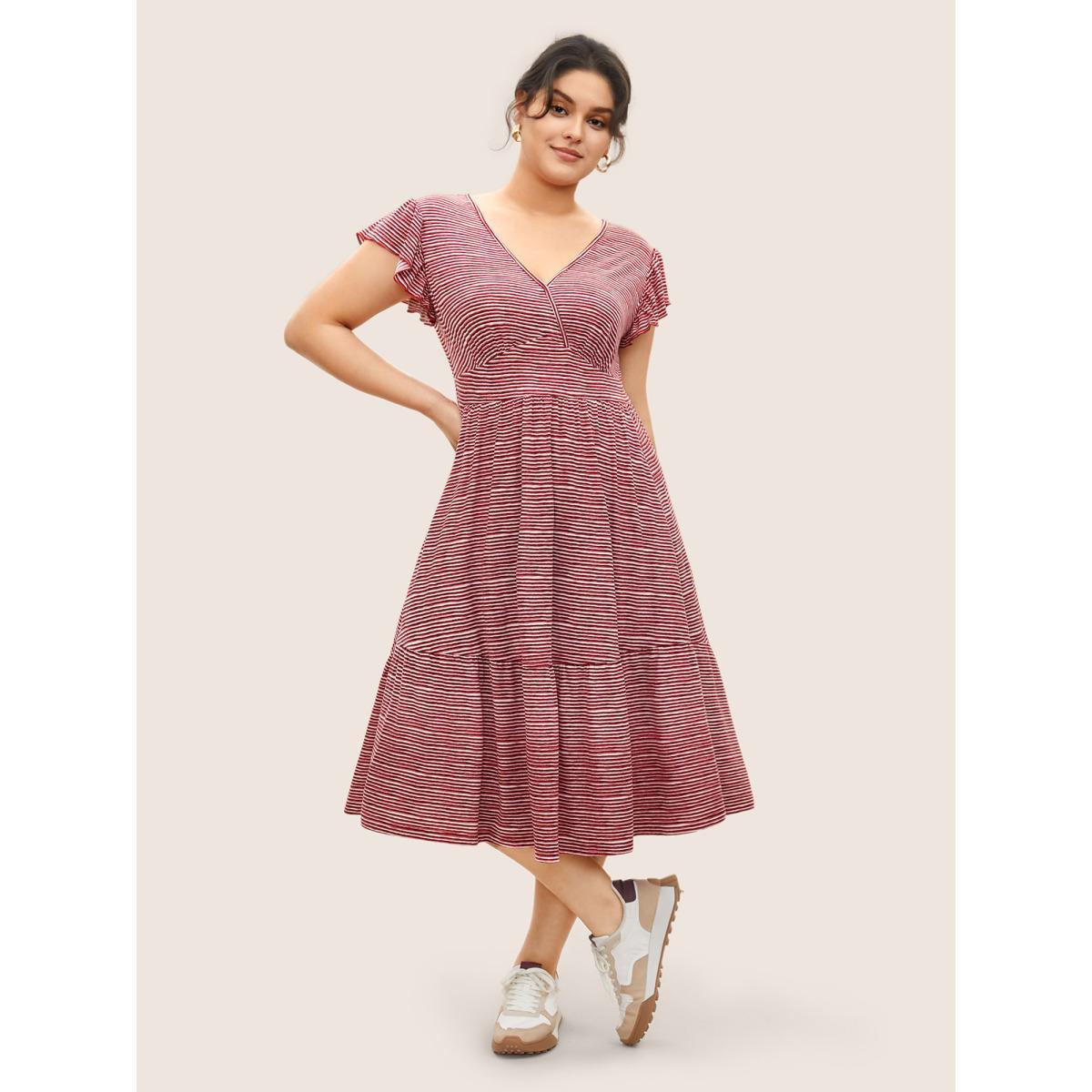 Plus Size Striped Surplice Neck Ruffle Cap Sleeve Dress Russet Women Casual Non Overlap Collar Cap Sleeve Curvy Midi Dress BloomChic 22-24/3X Product Image