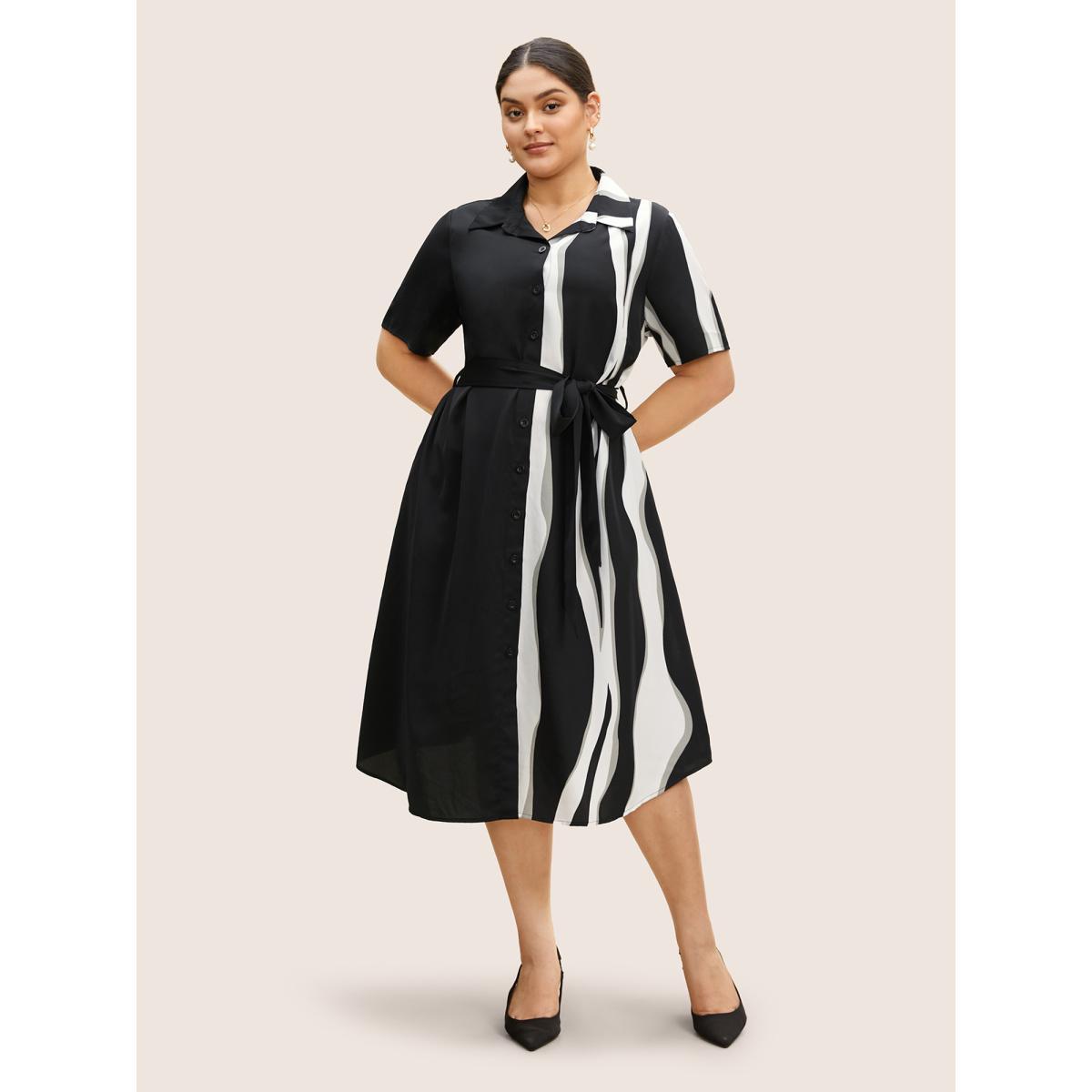 Plus Size Shirt Collar Striped Contrast Belted Midi Dress Black Women At the Office Belted Shirt collar Short sleeve Curvy BloomChic 18-20/2X Product Image