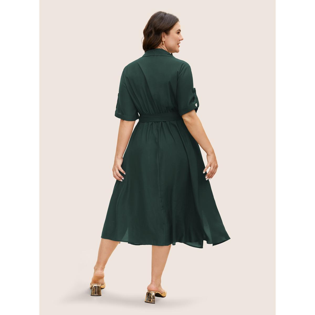 Plus Size Shirt Collar Tab Sleeve Split Hem Dress Cyan Women At the Office Belted Shirt collar Half Sleeve Curvy BloomChic 30/6X Product Image