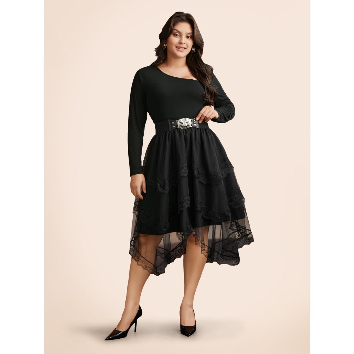 Plus Size Gothic Laced Asymmetrical Hemline Skirt Women Black Cocktail See through No stretch Side seam pocket Party Skirts BloomChic 12/L Product Image