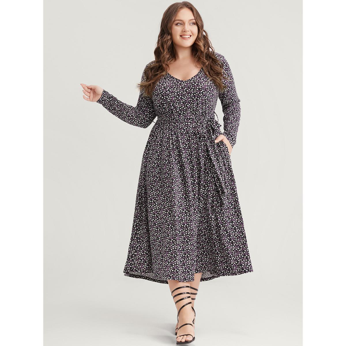 Plus Size Ditsy Floral Pocket Pocket Belted Asymmetrical Hem Dress Midnight Women Elegant V-neck Long Sleeve Curvy Midi Dress BloomChic 30/6X Product Image