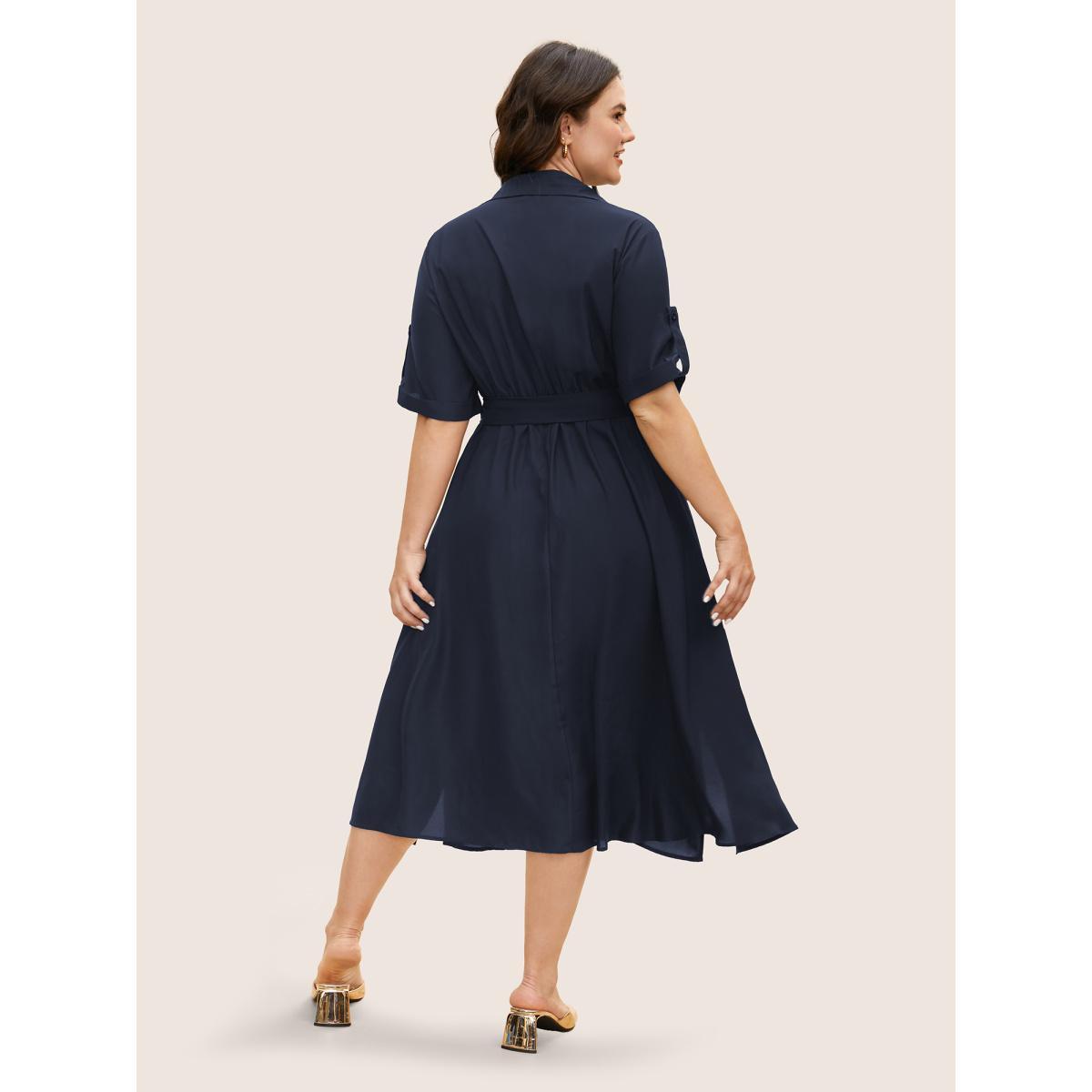 Plus Size Shirt Collar Tab Sleeve Split Hem Dress Cyan Women At the Office Belted Shirt collar Half Sleeve Curvy BloomChic 18-20/2X Product Image