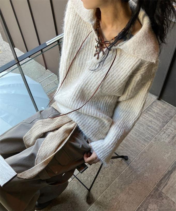 Collar Plain Lace-Up Ribbed Sweater Product Image