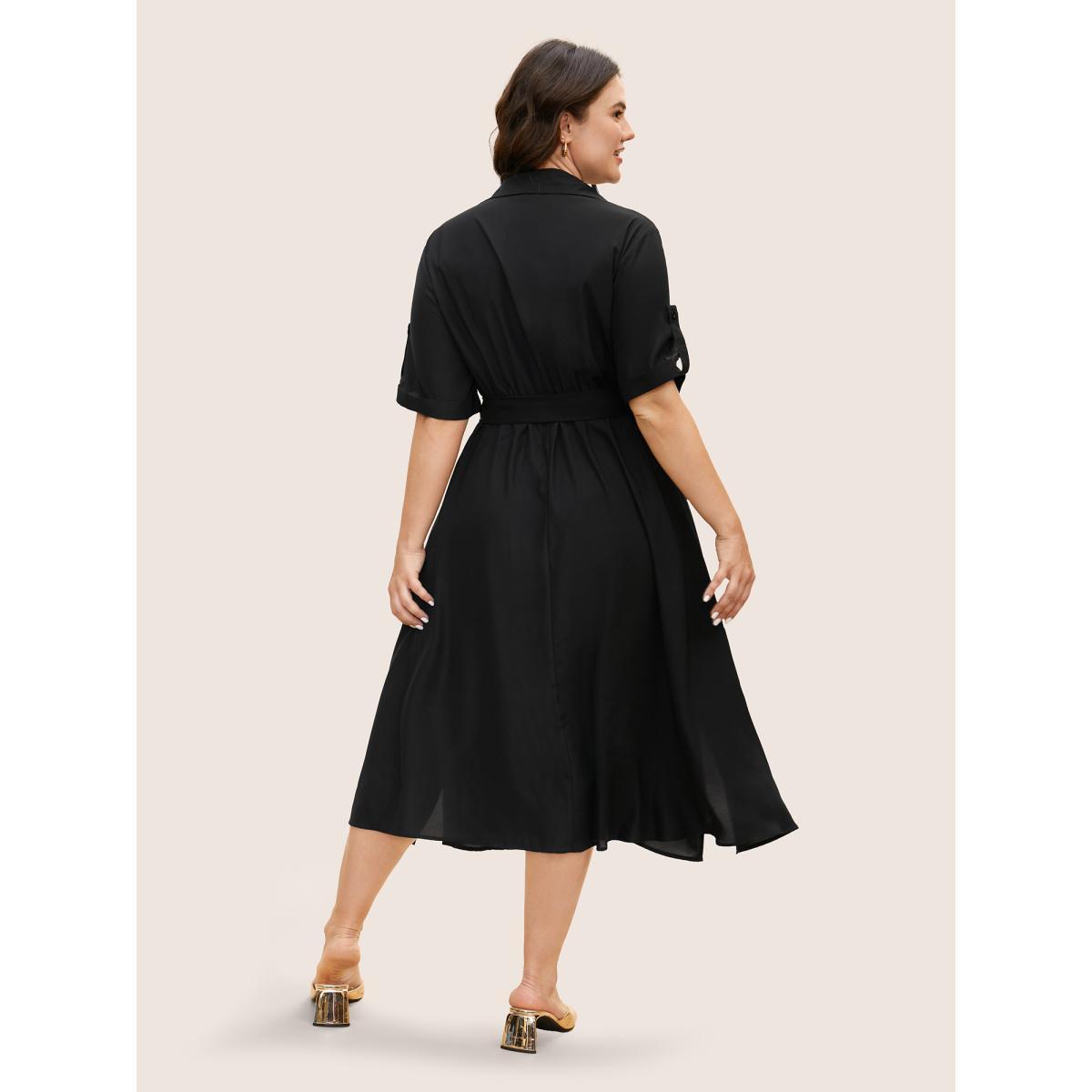 Plus Size Shirt Collar Tab Sleeve Split Hem Dress Black Women At the Office Belted Shirt collar Half Sleeve Curvy BloomChic 14-16/1X Product Image