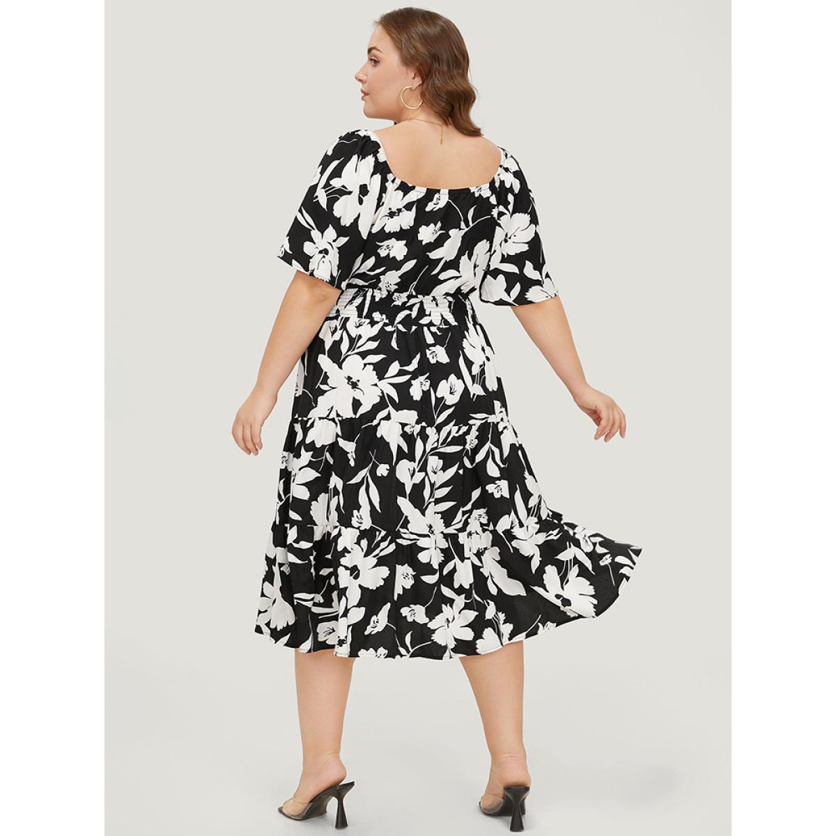 Plus Size Floral Ruffle Pocket V Neck Shirred Dress BlackFlower Women Elegant Shirred V-neck Short sleeve Curvy Midi Dress BloomChic 14-16/1X Product Image