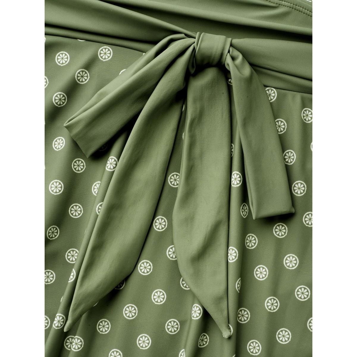 Plus Size Boho Print Waist-Tie Surplice Neck Swim Dress Women's Swimwear Greenbean Beach Bodycon Overlap Collar High stretch Curve Swim Dresses BloomChic 12/L Product Image