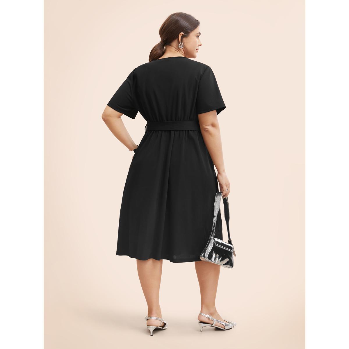 Plus Size Crew Neck Metal Button Detail Belted Dress Black Women At the Office Belted Round Neck Short sleeve Curvy BloomChic 14-16/1X Product Image