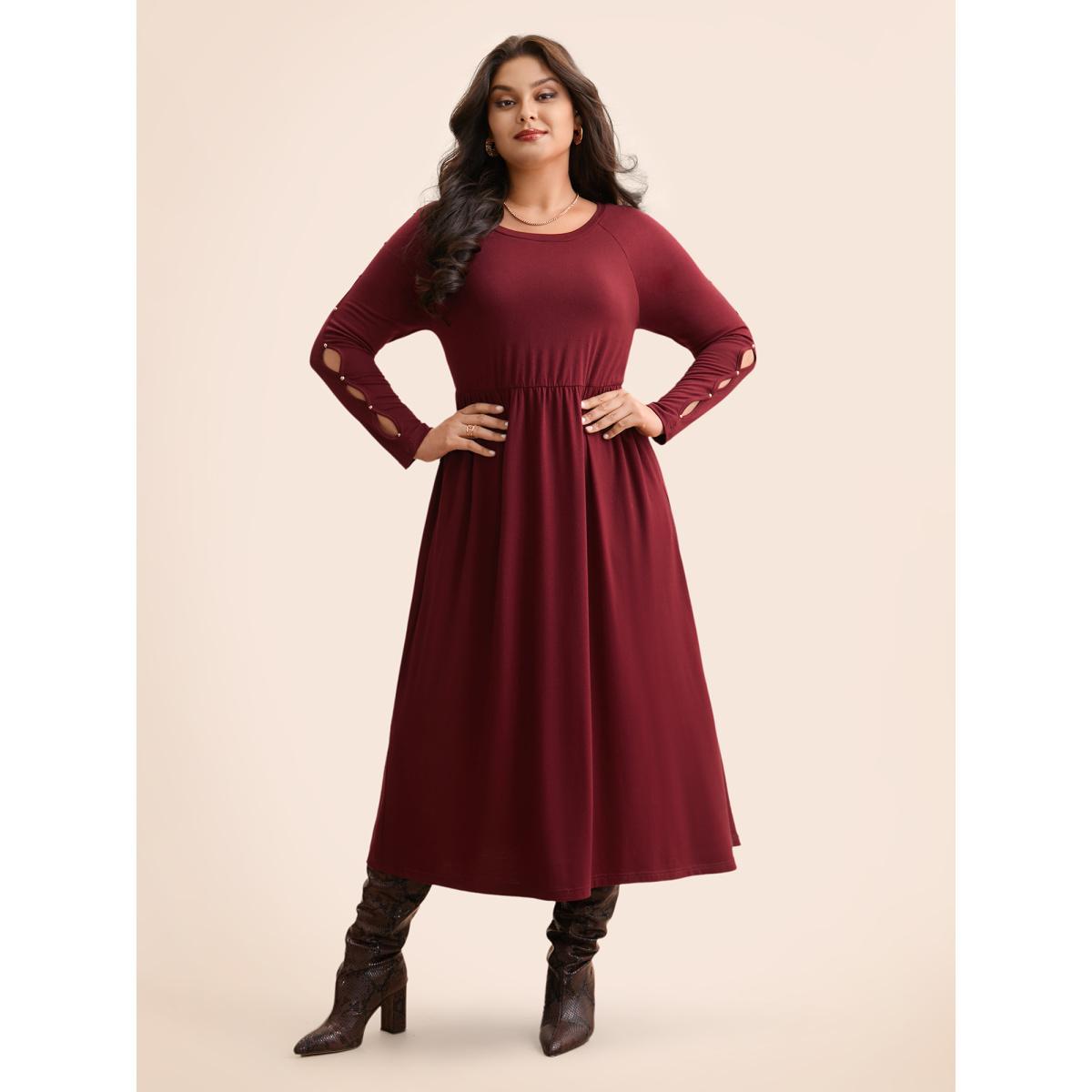 Plus Size Pearl Beaded Cut Out Midi Dress Burgundy Women Elegant Beaded Round Neck Long Sleeve Curvy BloomChic 18-20/2X Product Image