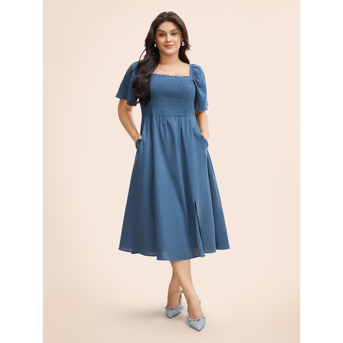 Plus Size Cotton Square Neck Shirred Ruffle Sleeve Split Hem Dress Aegean Women Casual Gathered Square Neck Short sleeve Curvy BloomChic 10/M Product Image