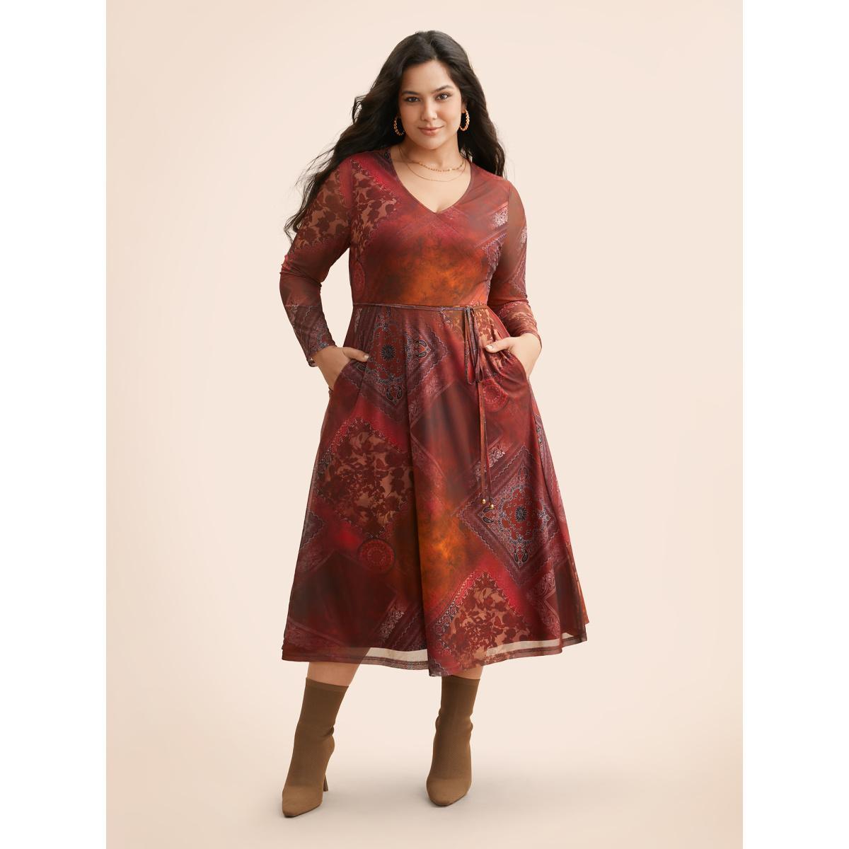 Plus Size Boho Print Belted Mesh Midi Dress Russet Women Elegant See through V-neck Long Sleeve Curvy BloomChic 12/L Product Image