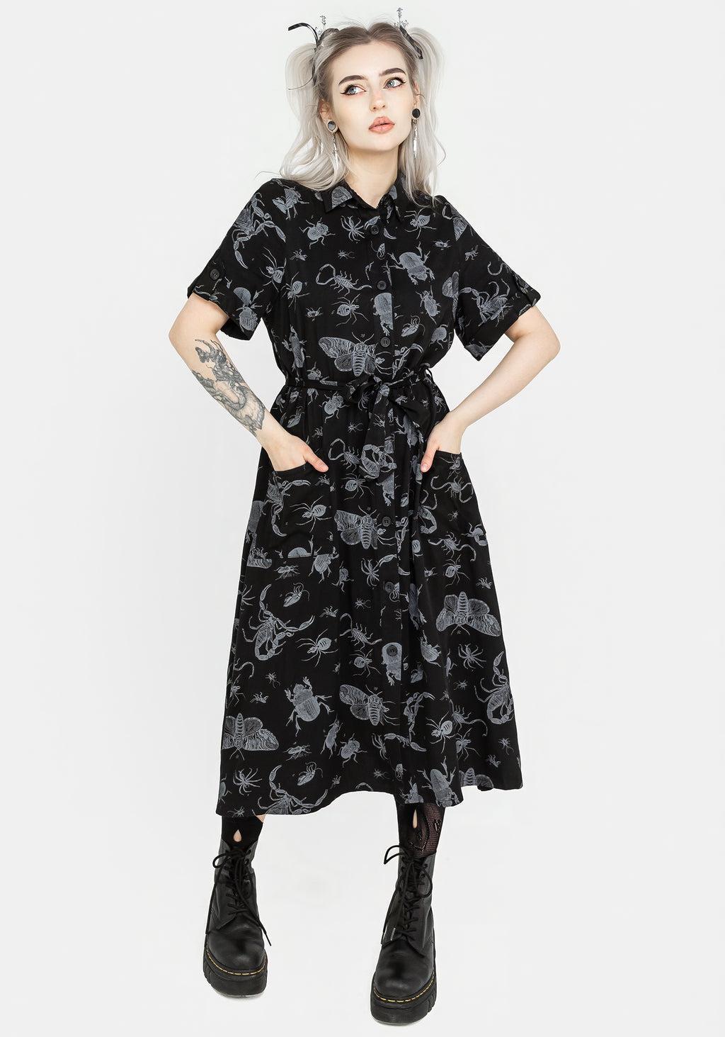 Parasite Bugs Short Sleeve Midi Shirt Dress - Black Product Image