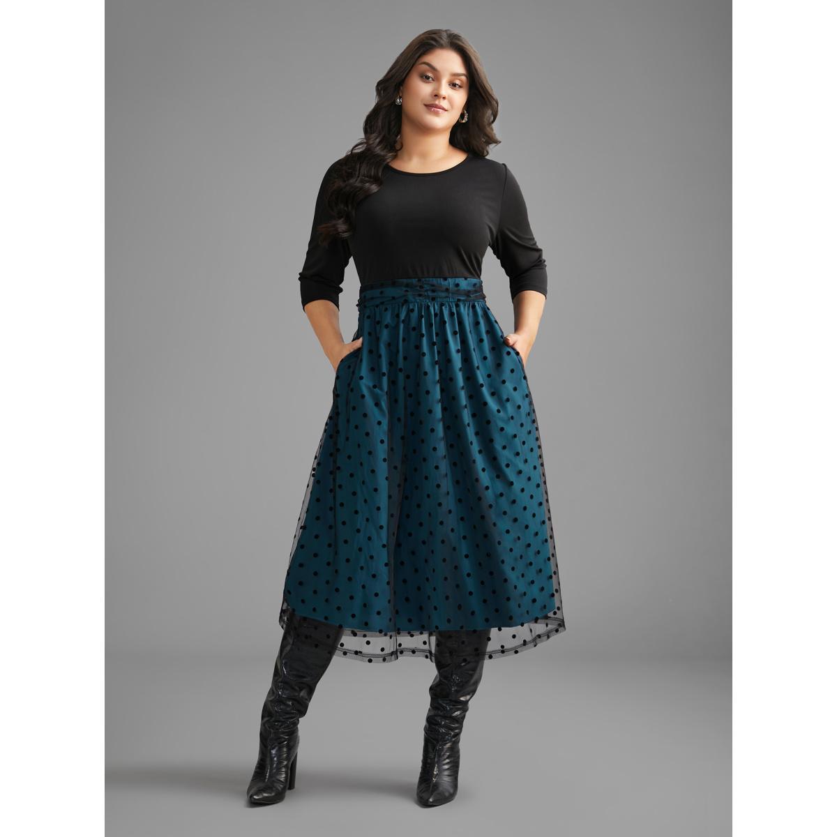 Plus Size Polka Dot Flocking Mesh Patchwork Dress Teal Women Elegant Gathered Round Neck Elbow-length sleeve Curvy BloomChic 18-20/2X Product Image