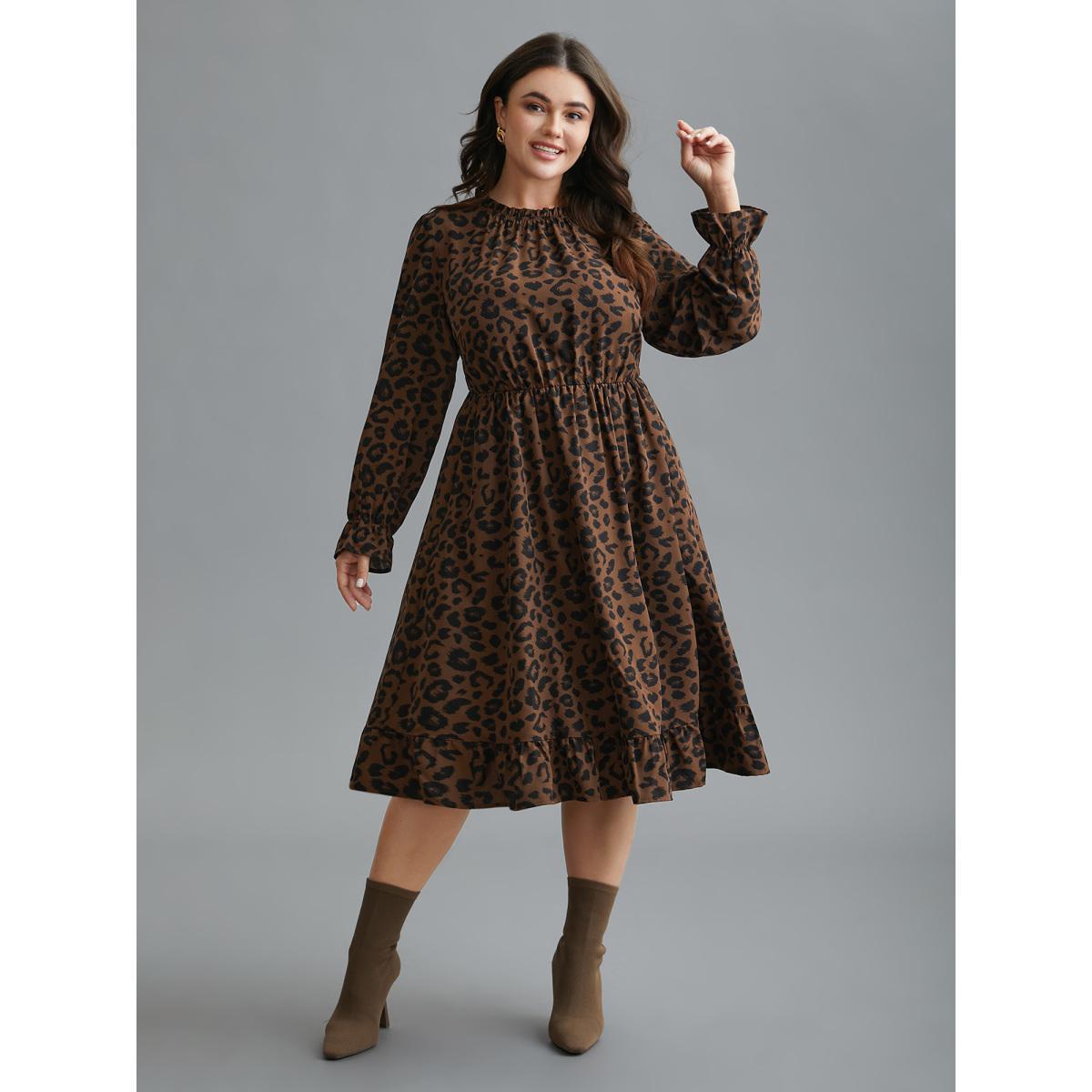 Plus Size Leopard Print Ruffles Mock Neck Elastic Waist Dress Browncoffeecolor Women Elegant Frill Trim Mock Neck Long Sleeve Curvy BloomChic 30/6X Product Image