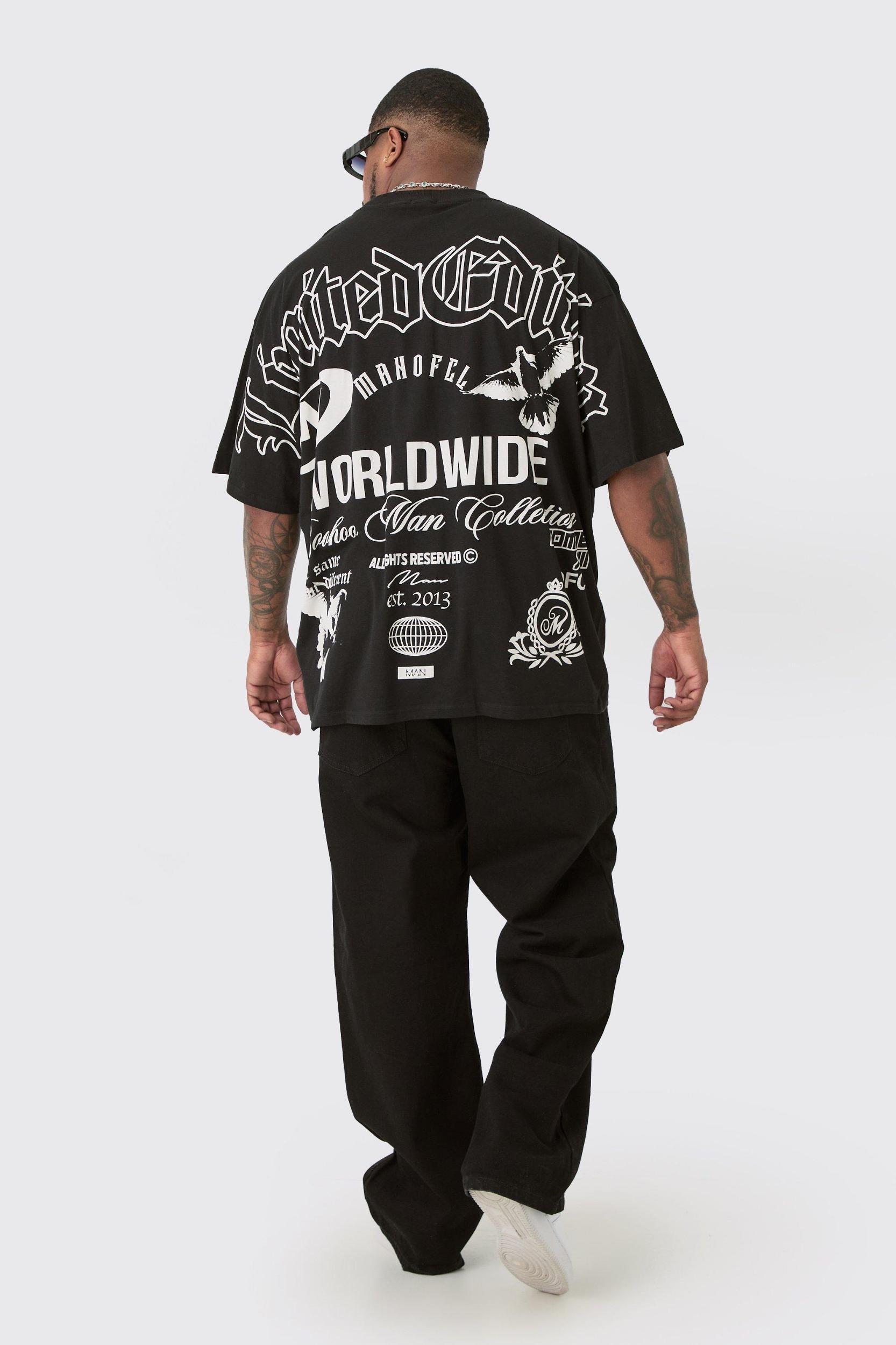 Plus Limited Edition Moto Over The Seam Graphic Back Print T-shirt In Black | boohooMAN USA Product Image