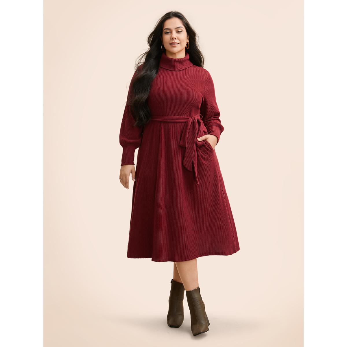 Plus Size Turtleneck Belted High Stretch Knit Dress Burgundy Women Casual Texture Knit Dresses Bloomchic 22-24/3X Product Image