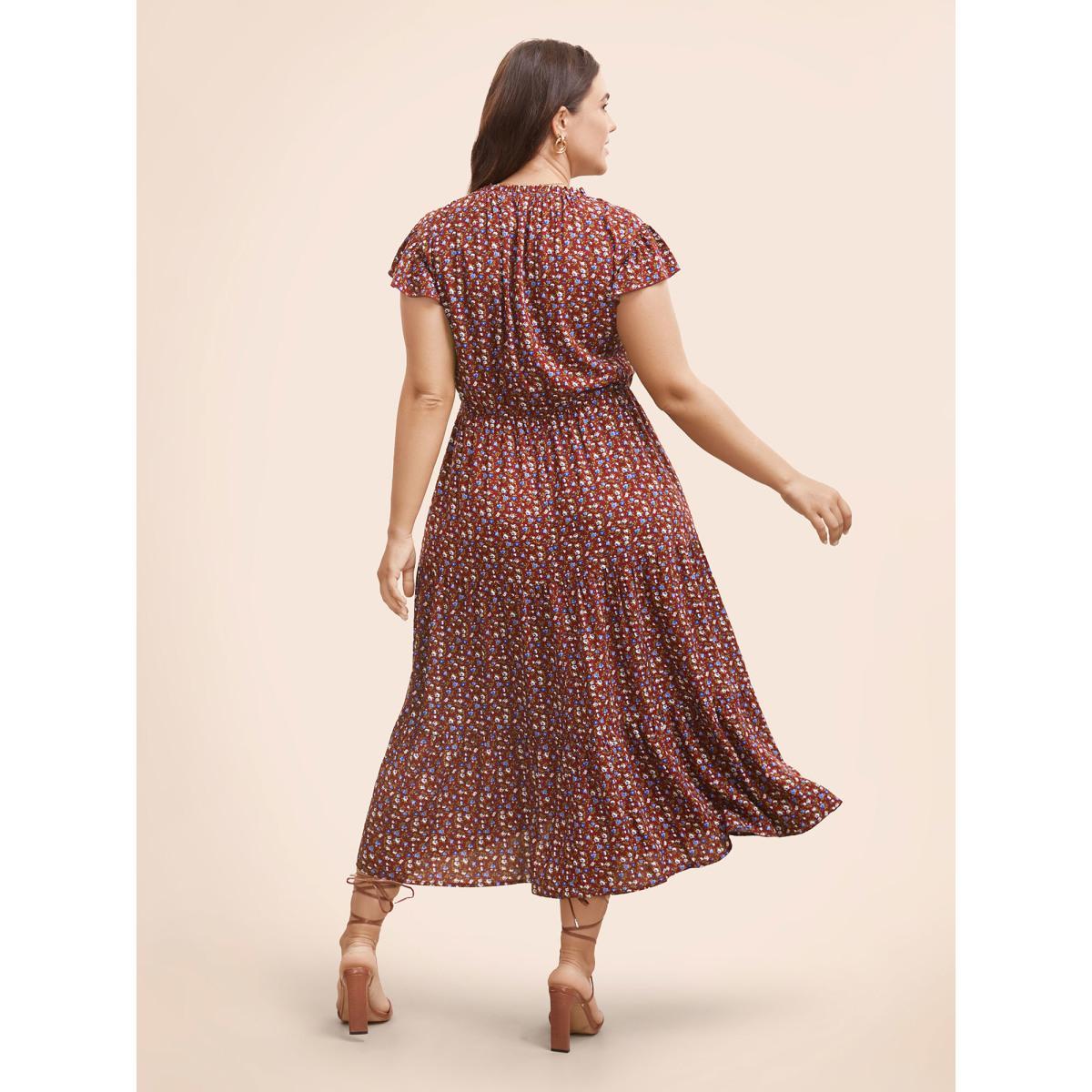 Plus Size Ditsy Floral Ruffle Cap Sleeve Dress Burgundy Women Elegant Frill Trim Mock Neck Cap Sleeve Curvy BloomChic 22-24/3X Product Image