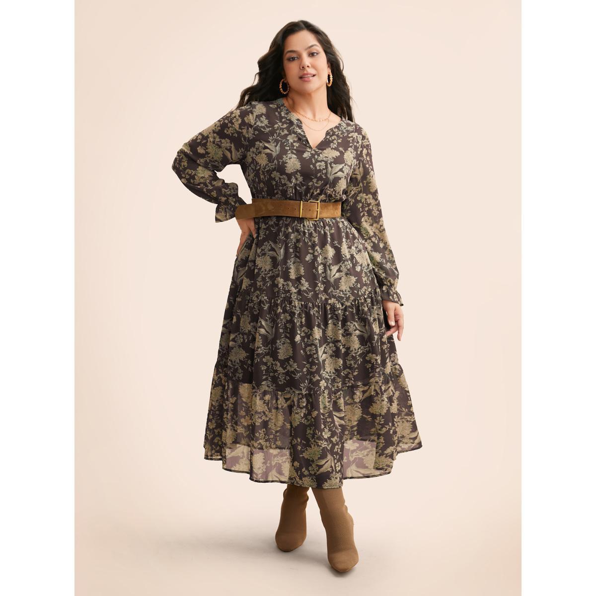 Plus Size Floral Shirred Ruffles See Through Dress ArmyGreen Women Elegant See through Flat collar with V-notch Long Sleeve Curvy BloomChic 26/4X Product Image