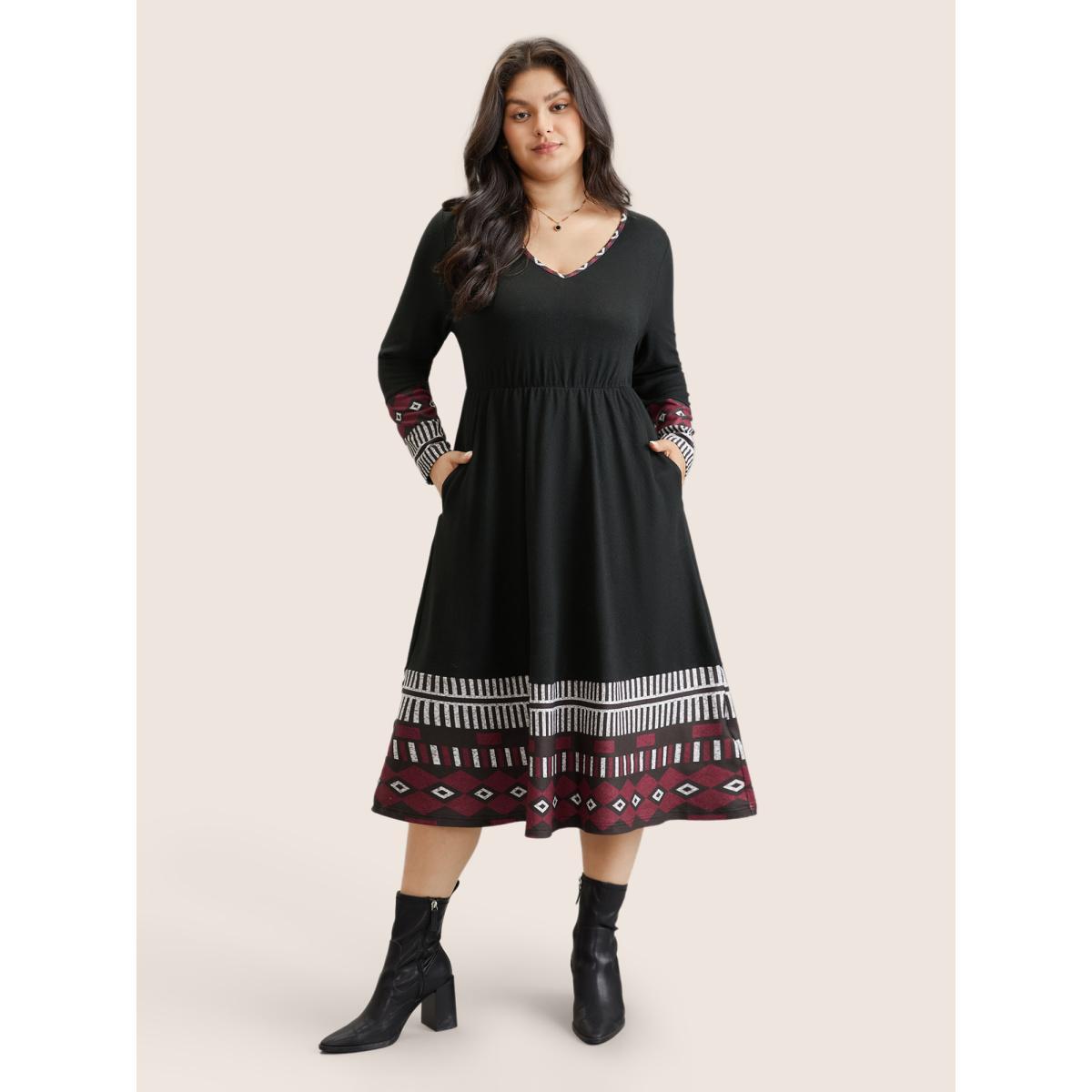 Plus Size Patchwork Geometric Pocket Elastic Waist Dress Black Women Office Gathered V-neck Long Sleeve Curvy Midi Dress BloomChic 12/L Product Image