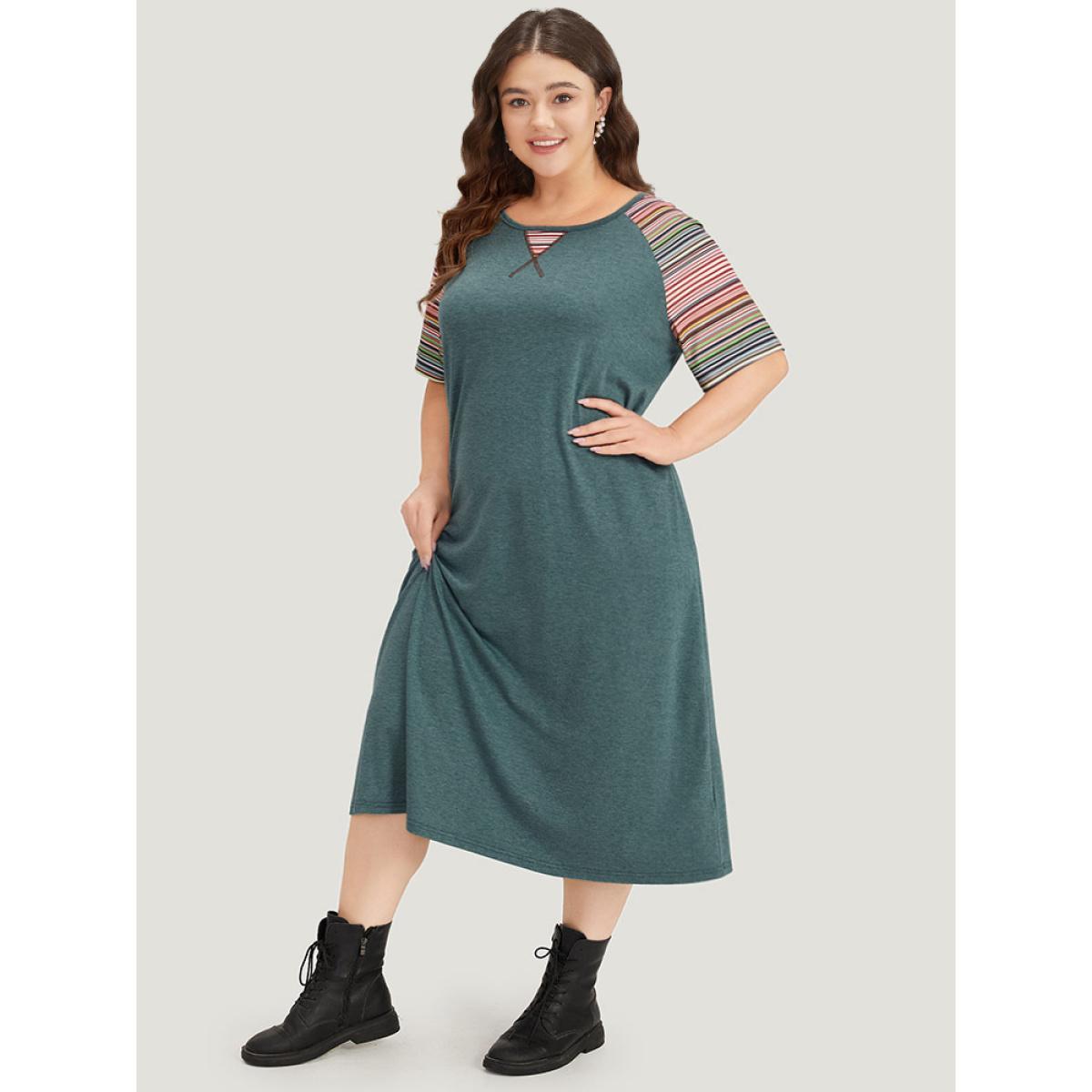 Plus Size Supersoft Essentials Striped Patchwork Pocket Stitch Raglan Sleeve Dress DarkGreen Women Casual Patchwork Round Neck Short sleeve Curvy Midi Dress BloomChic 10/M Product Image