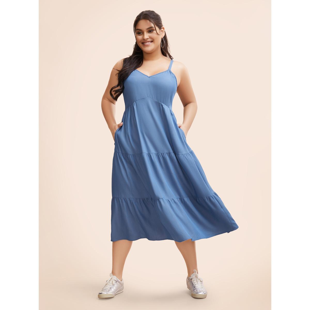 Plus Size Solid Ruffle Layered Hem Cami Dress Mediumblue Women Casual Gathered Heart neckline Sleeveless Curvy BloomChic 22-24/3X Product Image