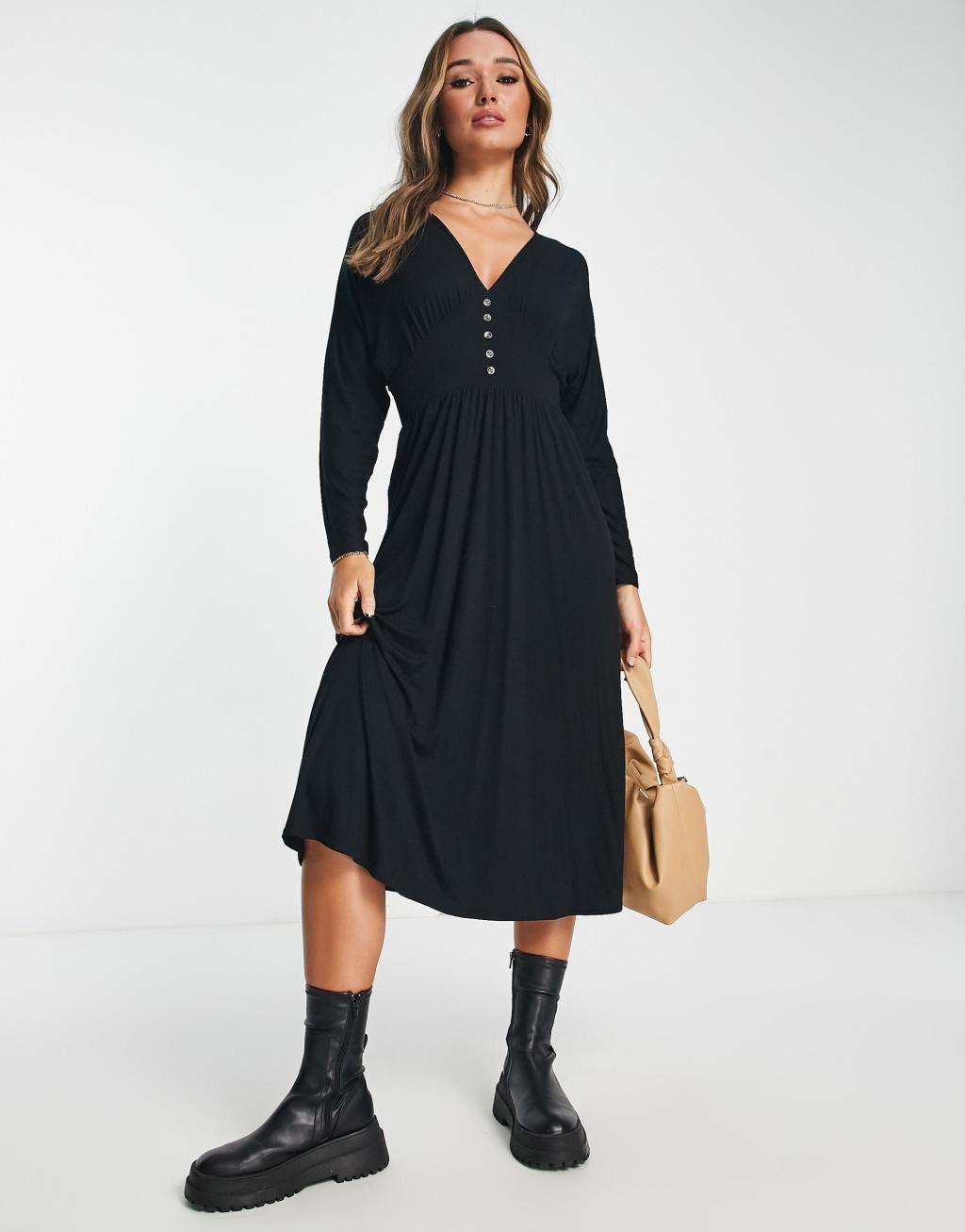 ASOS DESIGN waisted long sleeve midi tea dress with buttons Product Image