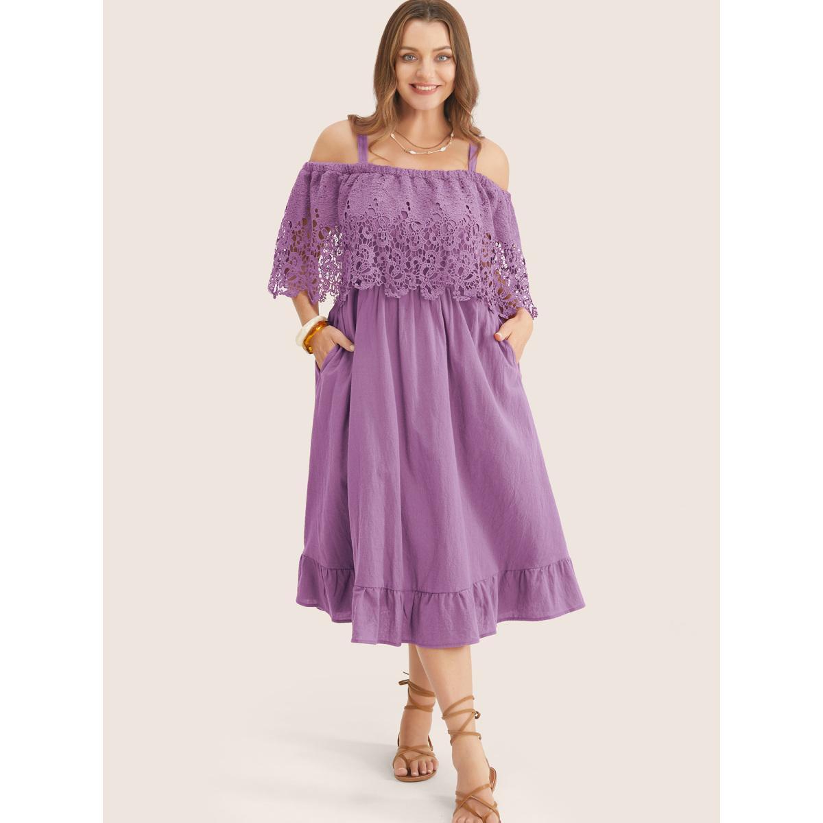 Plus Size Solid Cold Shoulder Contrast Lace Pocket Ruffle Hem Dress Mauve Women Resort Broderie anglaise Non Short sleeve Curvy Midi Dress BloomChic 28/5X Product Image