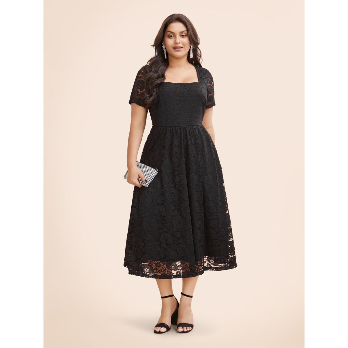 Plus Size Square Neck Lace Mesh Midi Dress Black Women Casual Woven ribbon&lace trim Square Neck Short sleeve Curvy BloomChic 12/L Product Image