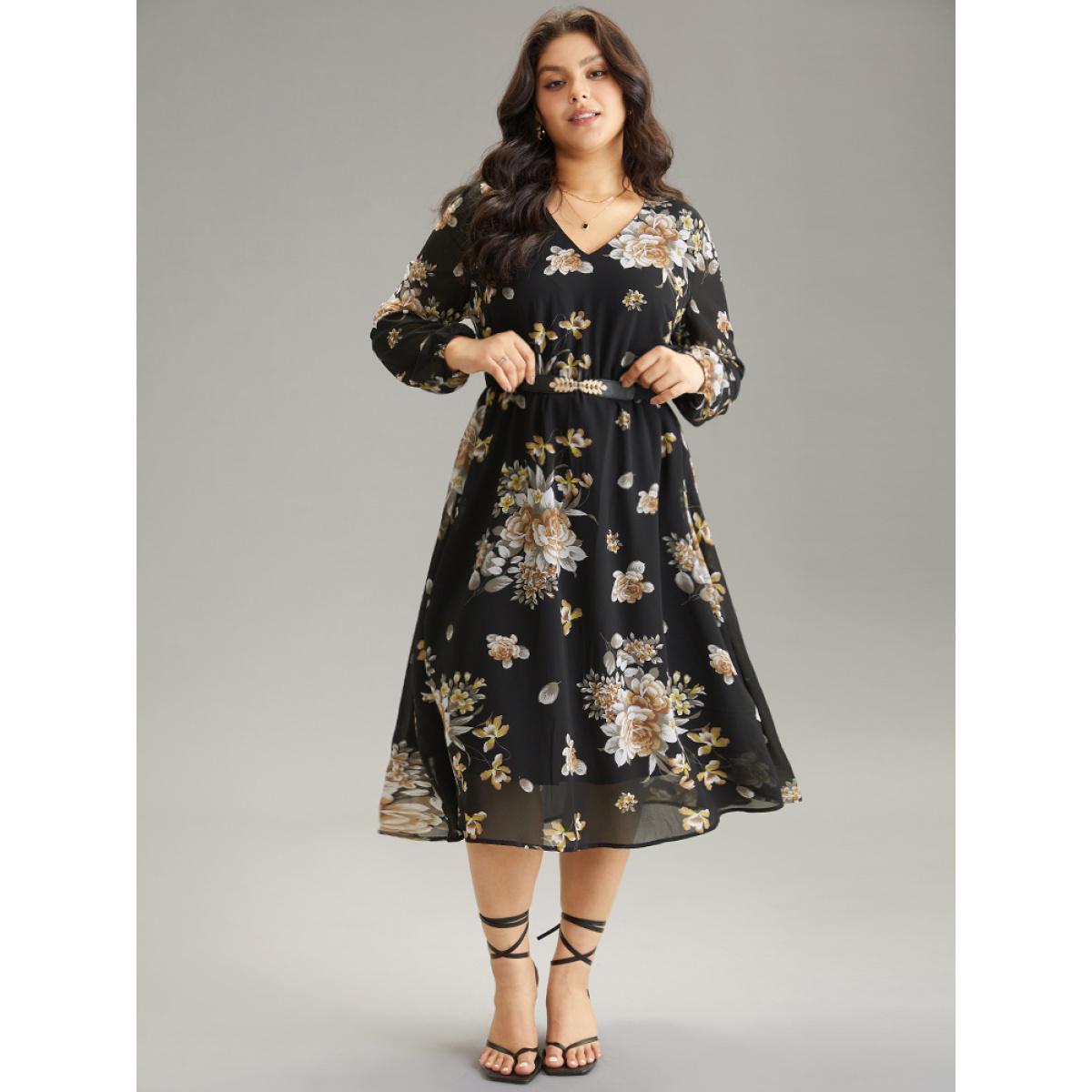 Plus Size Chiffon Floral Print Pocket Mesh Dress Black Women Elegant Elastic cuffs V-neck Long Sleeve Curvy Midi Dress BloomChic 18-20/2X Product Image