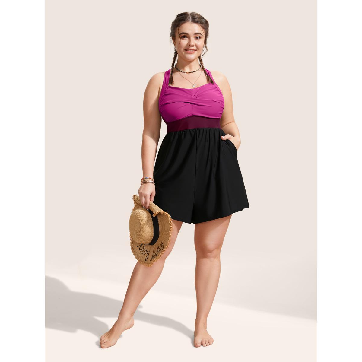 Plus Size Patchwork Contrast Crossover One Piece Swimsuit Women's Swimwear Rosered Beach Twist Curve Bathing Suits High stretch One Pieces BloomChic 30/6X Product Image