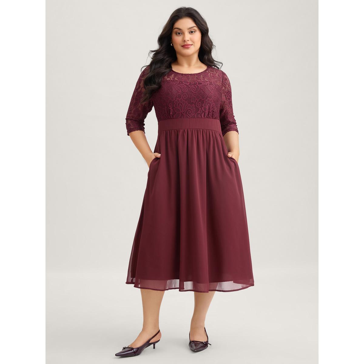 Plus Size Lace Patchwork Shirred Midi Pocket Dress Burgundy Women Cocktail Woven ribbon&lace trim Round Neck Elbow-length sleeve Curvy BloomChic 28/5X Product Image