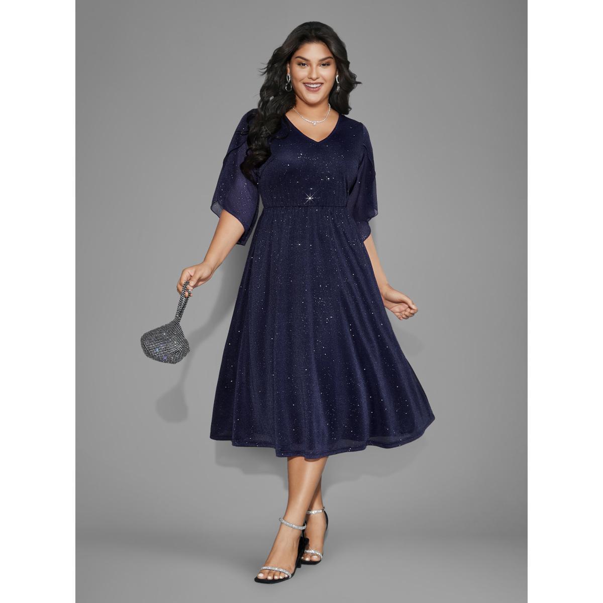Plus Size Glitter Mesh Petal Sleeve Midi Dress Midnight Women Cocktail Texture Party Curvy Bloomchic 10/M Product Image
