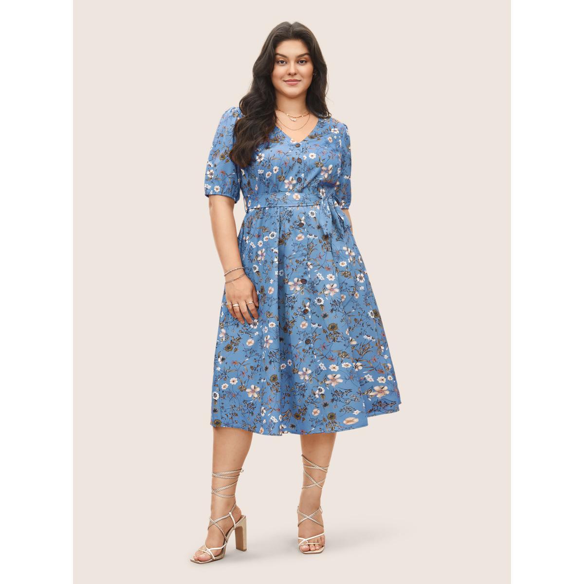 Plus Size Ditsy Floral Belted Lantern Sleeve Button Up Dress Cerulean Women Elegant Non V-neck Short sleeve Curvy Midi Dress BloomChic 22-24/3X Product Image
