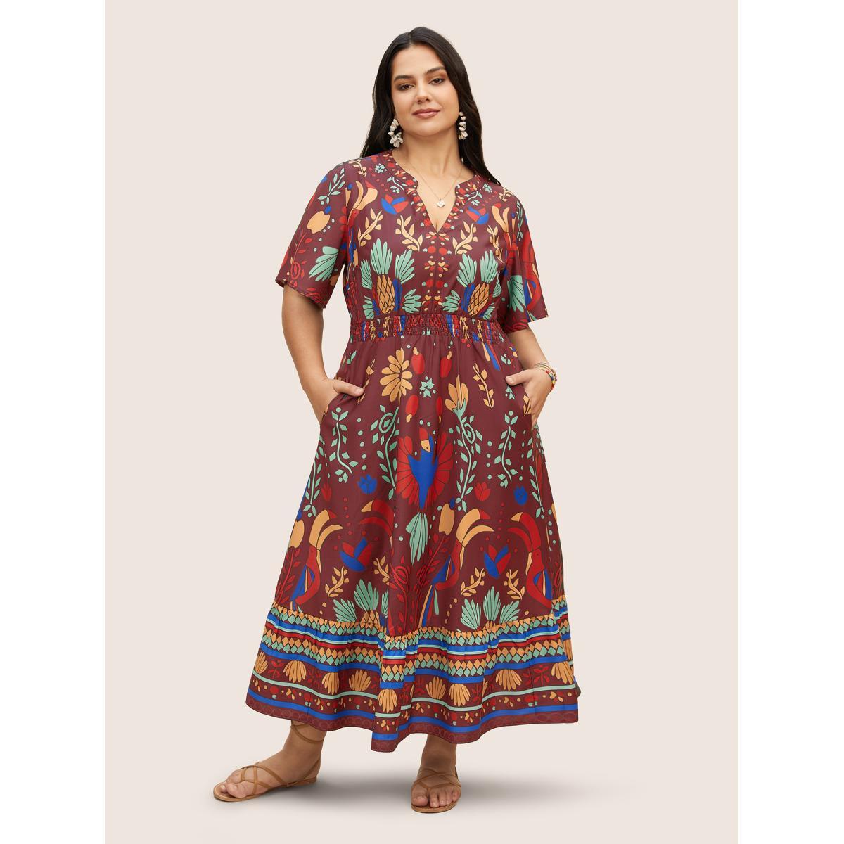 Plus Size Bandana Print Shirred Elastic Waist Flutter Sleeve Dress Burgundy Women Resort Shirred Flat collar with V-notch Short sleeve Curvy BloomChic 14-16/1X Product Image