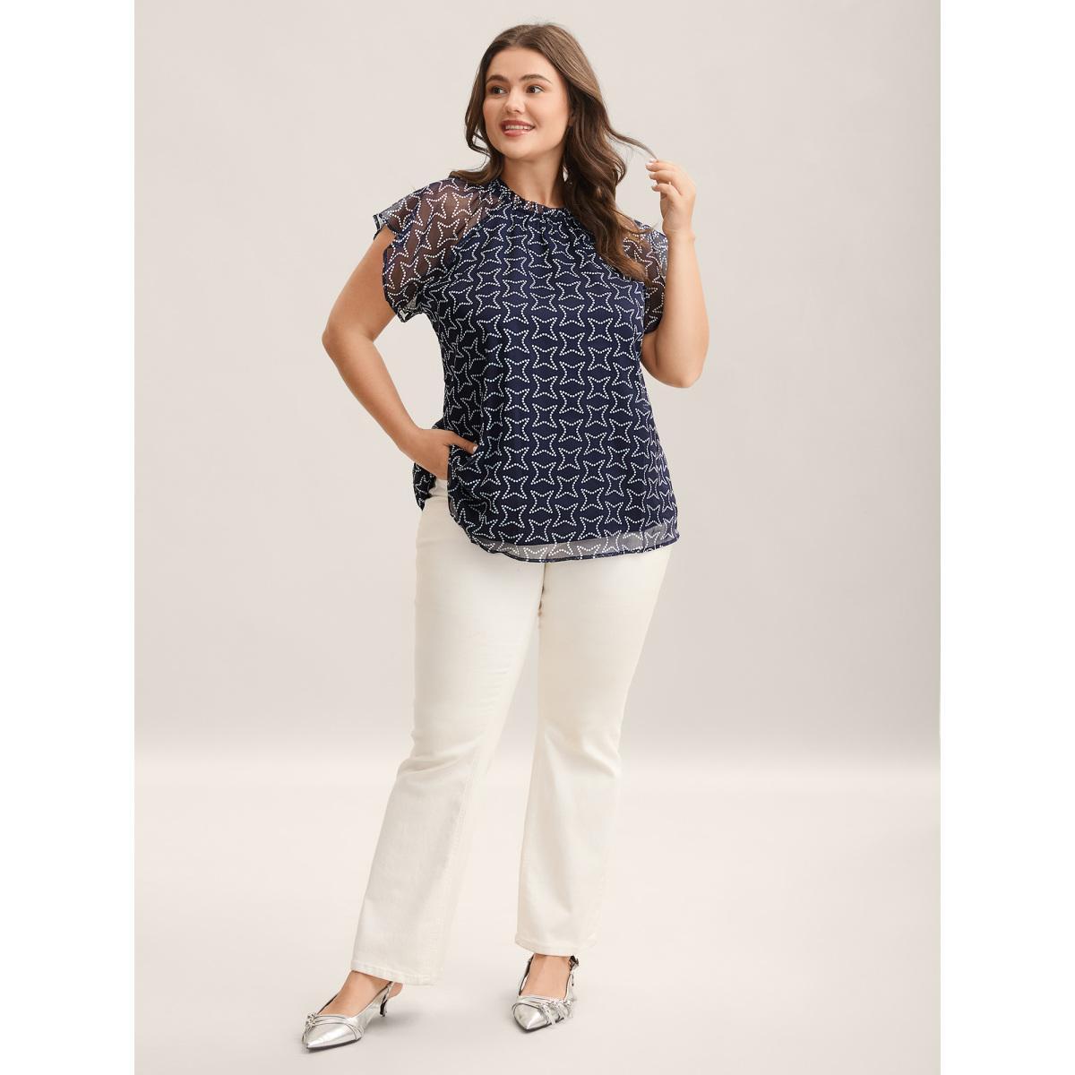 Plus Size Indigo Polka Dot Mock Neck Mesh Patchwork Blouse Women Workwear Essentials Cap Sleeve Round Neck Work Blouses BloomChic 14-16/1X Product Image