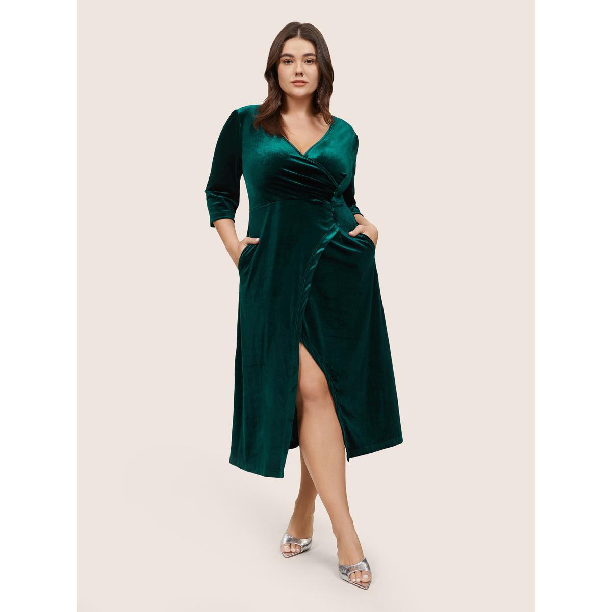 Plus Size Plain Velvet Wrap Gathered Split Front Dress DarkGreen Women Glamour Velvet Overlap Collar Elbow-length sleeve Curvy Midi Dress BloomChic 10/M Product Image