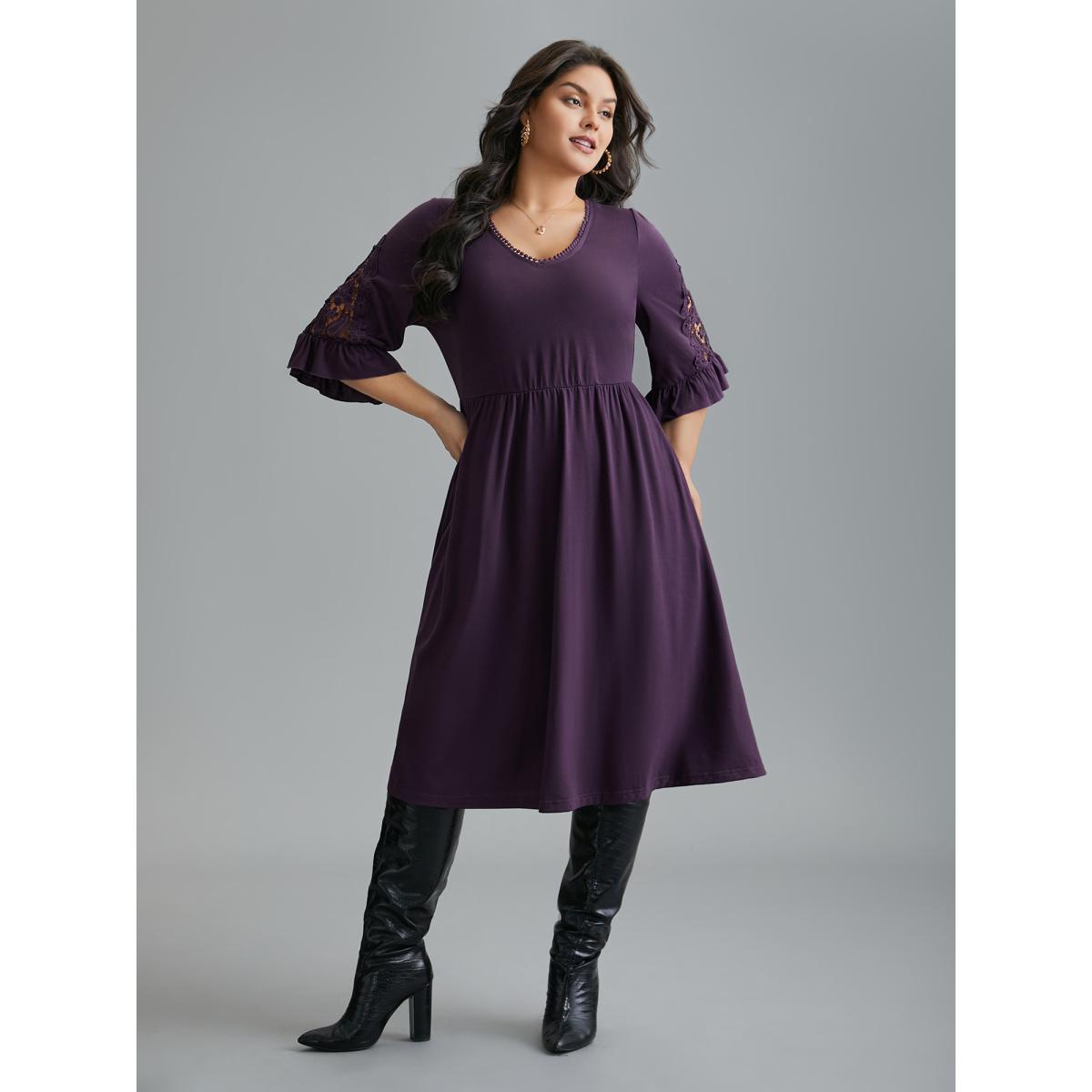 Plus Size V Neck Plain Crochet Lace Mesh Dress Deeppurple Women Elegant Woven ribbon&lace trim Knit Dresses Bloomchic 10/M Product Image
