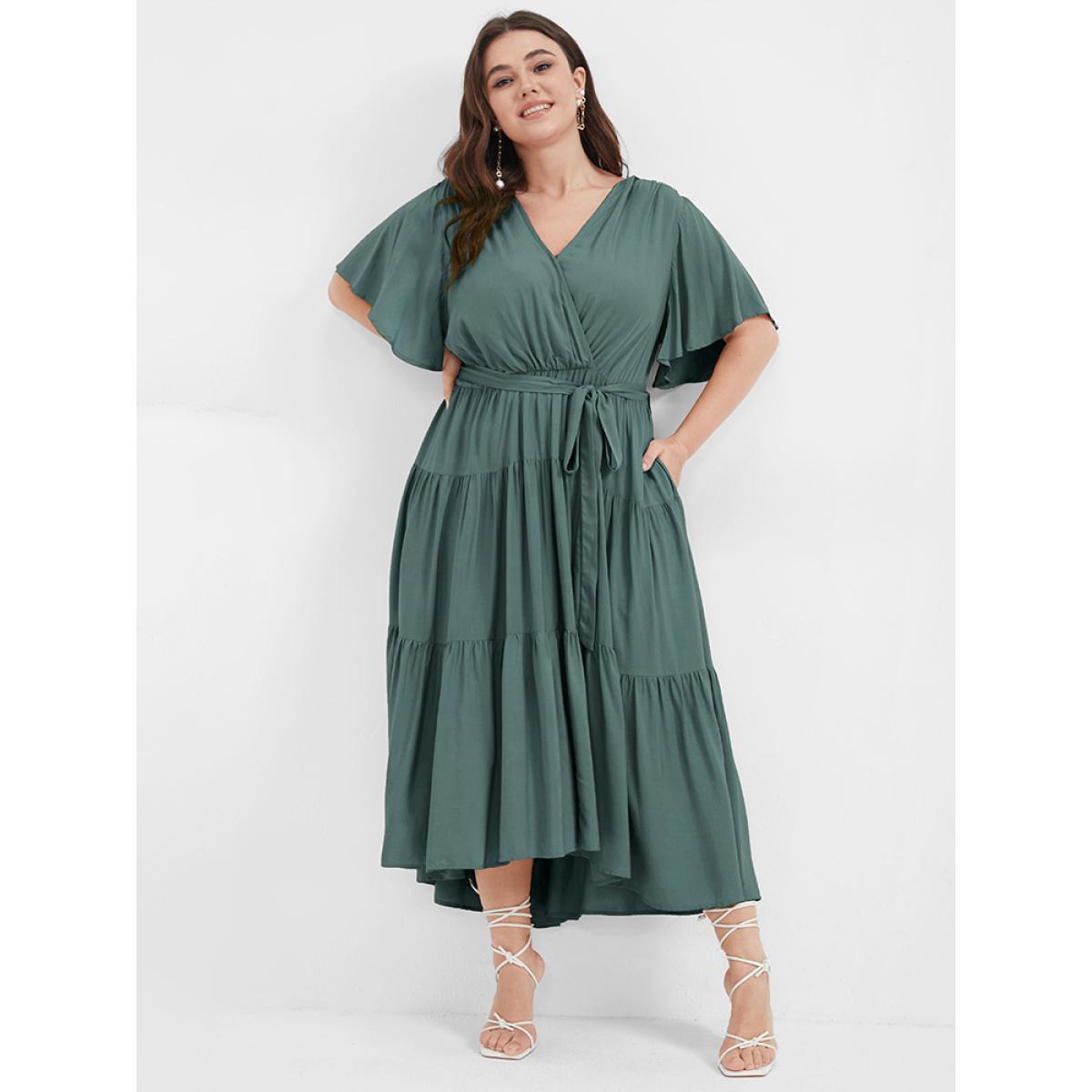 Plus Size Solid Button Pocket Belted Ruffles Wrap Midi Dress Emerald Women Elegant Cross straps V-neck Short sleeve Curvy Long Dress BloomChic 28/5X Product Image