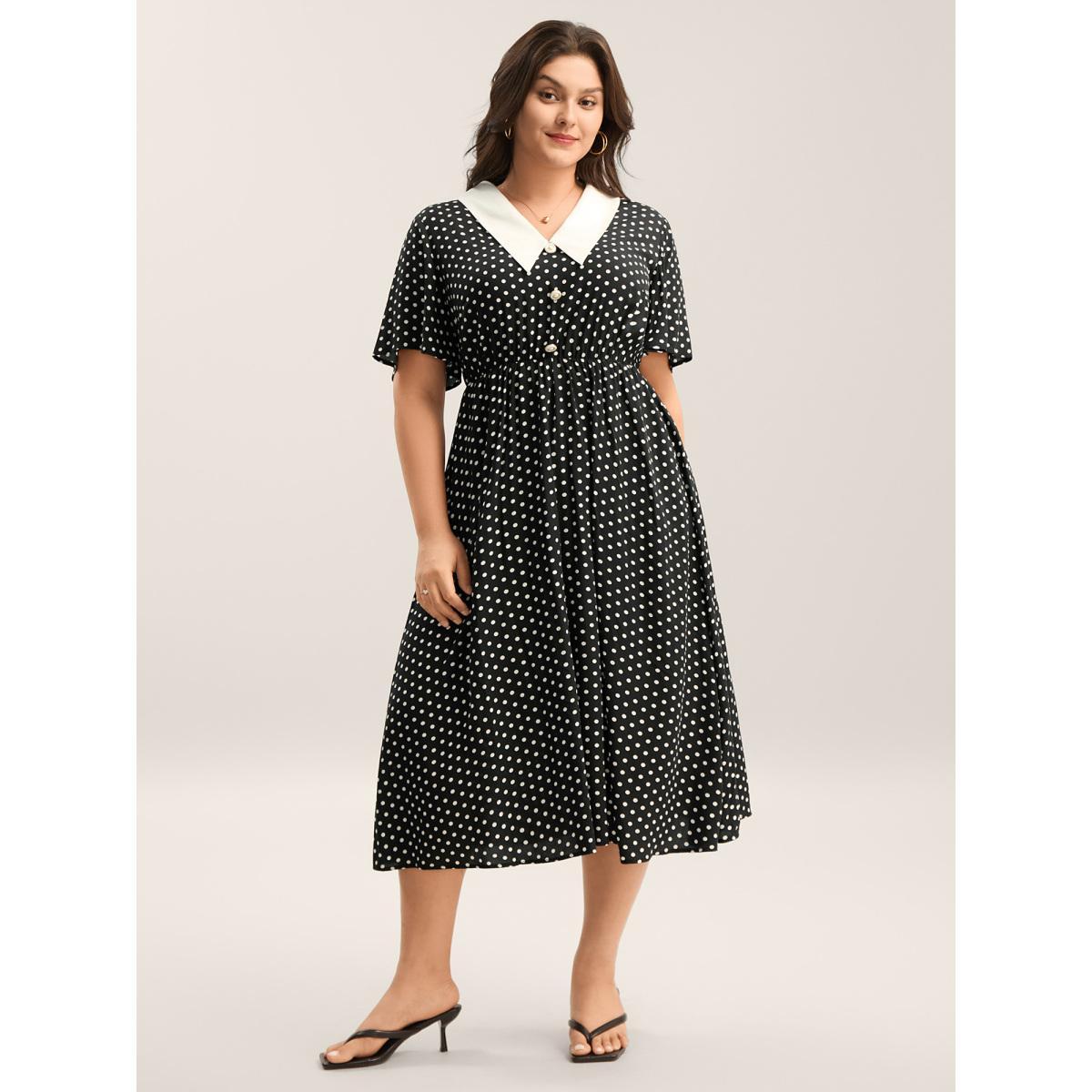 Plus Size Rayon Pretty Polka Dots Lapel Collar Dress BlackFlower Women Lapel Collar Short sleeve Curvy BloomChic 10/M Product Image