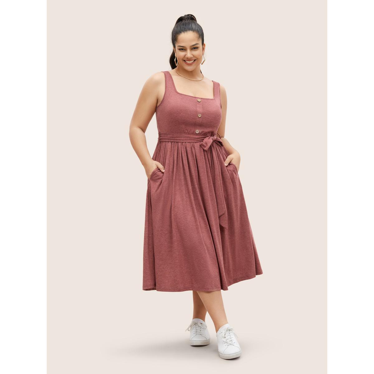 Plus Size Supersoft Essentials Button Detail Belted Gathered Dress Scarlet Women Casual Gathered Square Neck Sleeveless Curvy Midi Dress BloomChic 30/6X Product Image