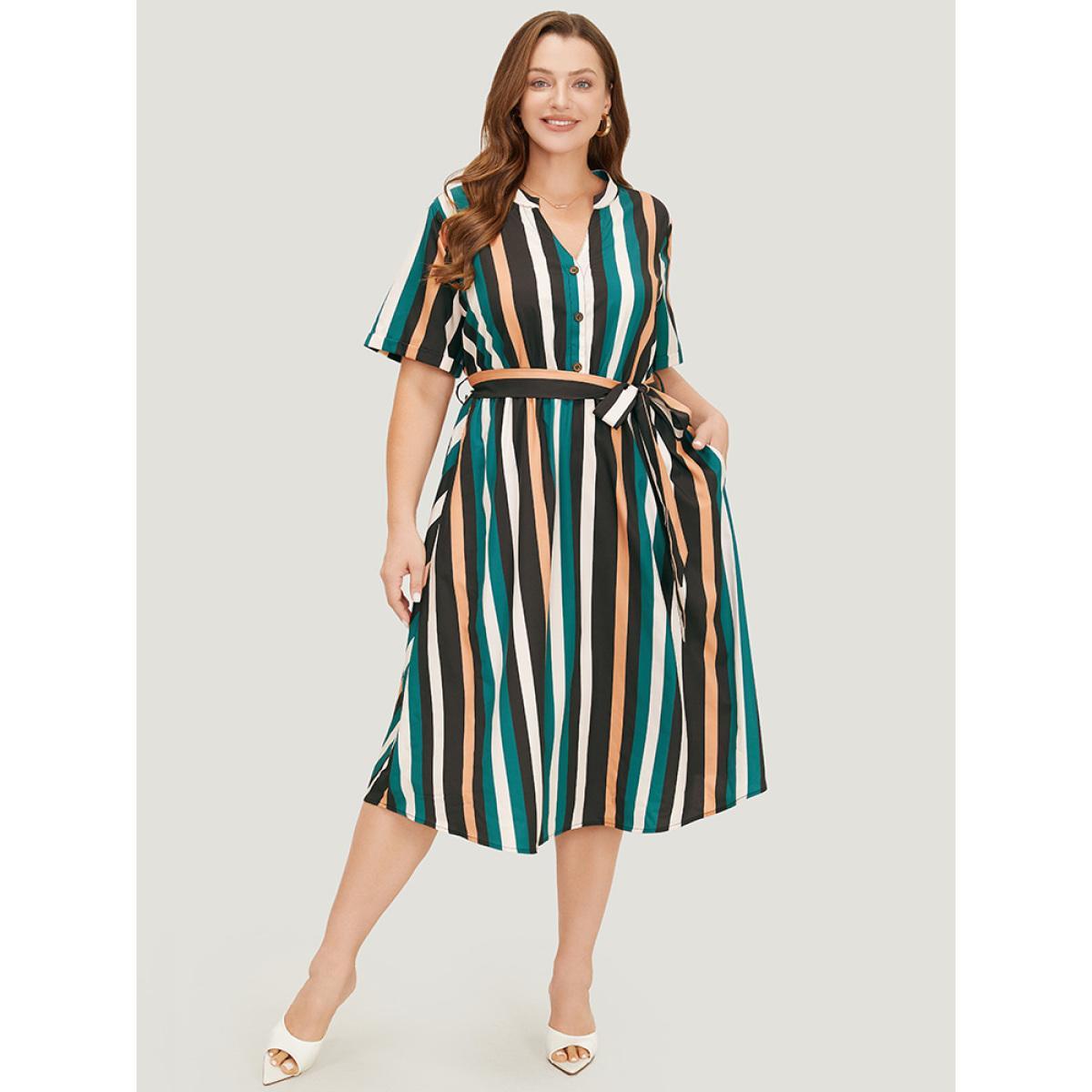 Plus Size Striped Contrast Button Detail Belt Pocket Notched Dress Multicolor Women Office Belted Notched collar Short sleeve Curvy Midi Dress BloomChic 28/5X Product Image