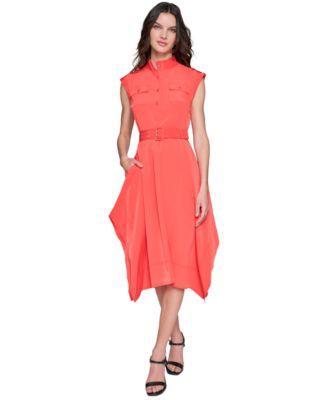 Karl Lagerfeld Paris Womens Belted Handkerchief-Hem Midi Dress Product Image