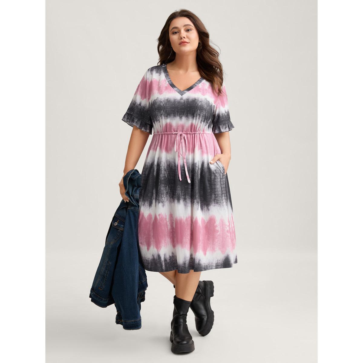 Plus Size Supersoft Tie-Dye Drawstring Midi Dress Multicolor Women V-neck Short sleeve Curvy BloomChic 26/4X Product Image