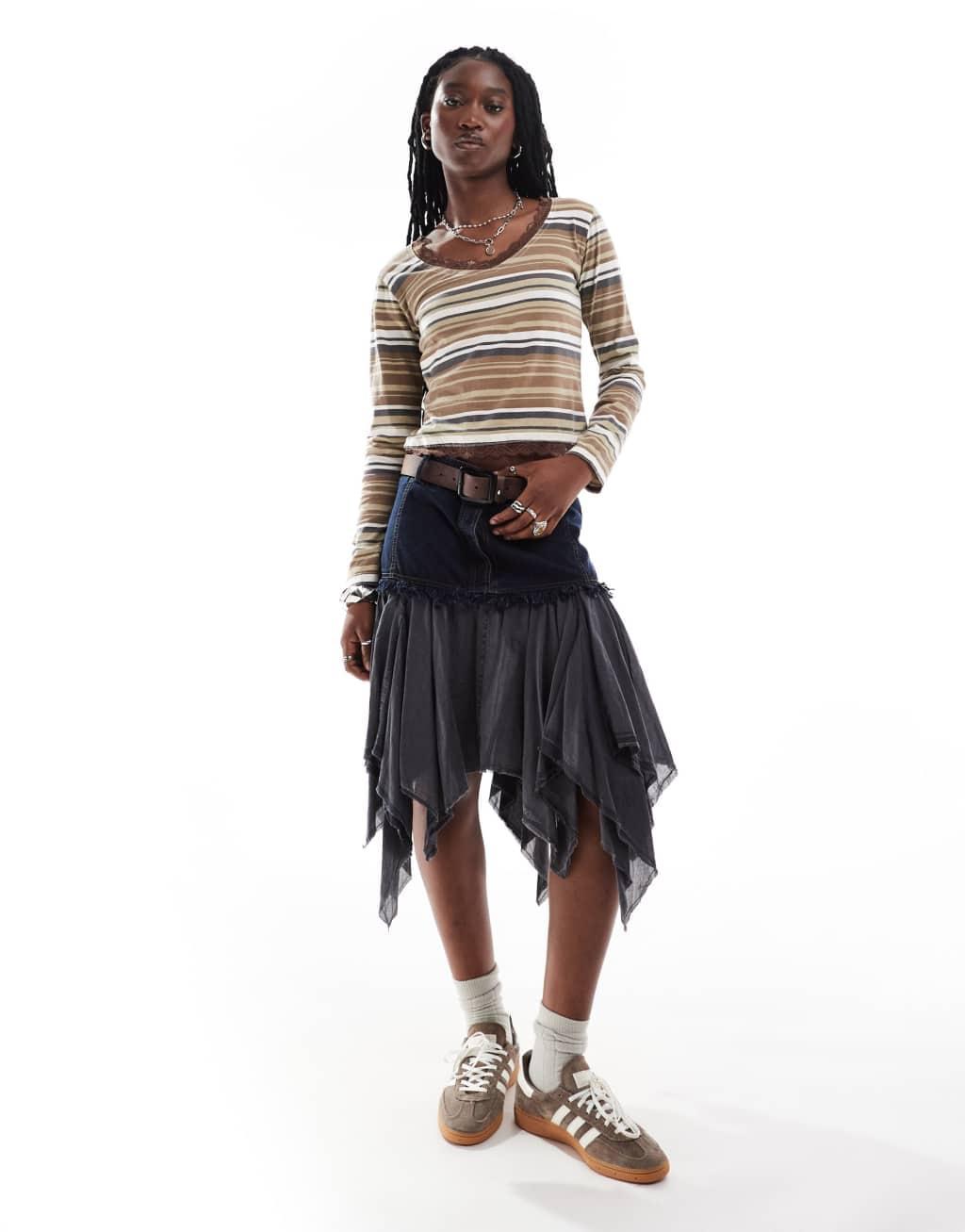 Daisy Street long sleeve washed stripe jersey top with lace detail Product Image
