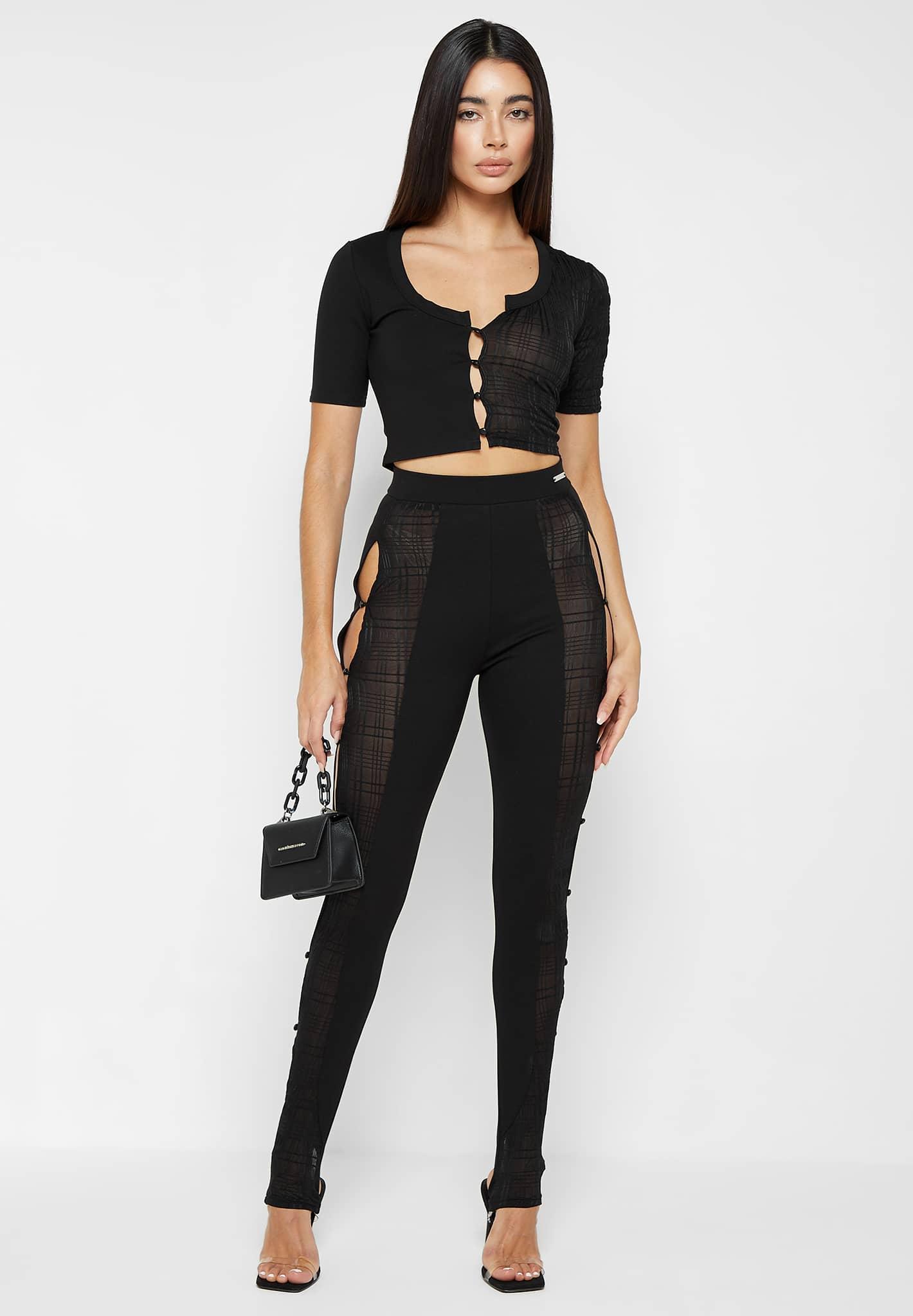 Bandage & Mesh Asymmetric Crop Top - Black Female Product Image