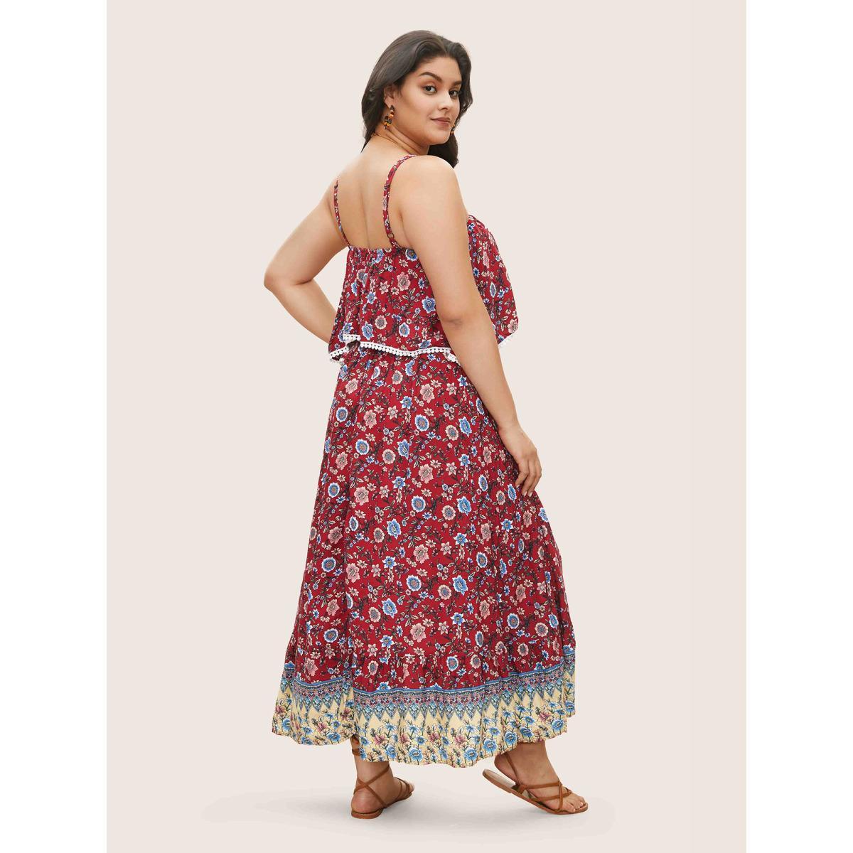 Plus Size Bandana Print Spaghetti Strap Pocket Ruffles Asymmetrical Hem Maxi Dress Scarlet Women Resort Non Non Sleeveless Curvy Long Dress BloomChic 28/5X Product Image